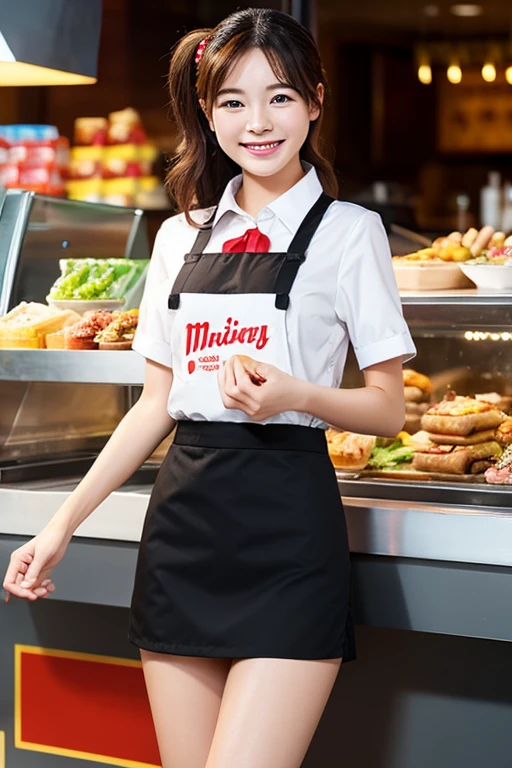 highest quality、masterpiece、High sensitivity、High resolution、One Woman、Fast food worker、smile、Thin thighs、