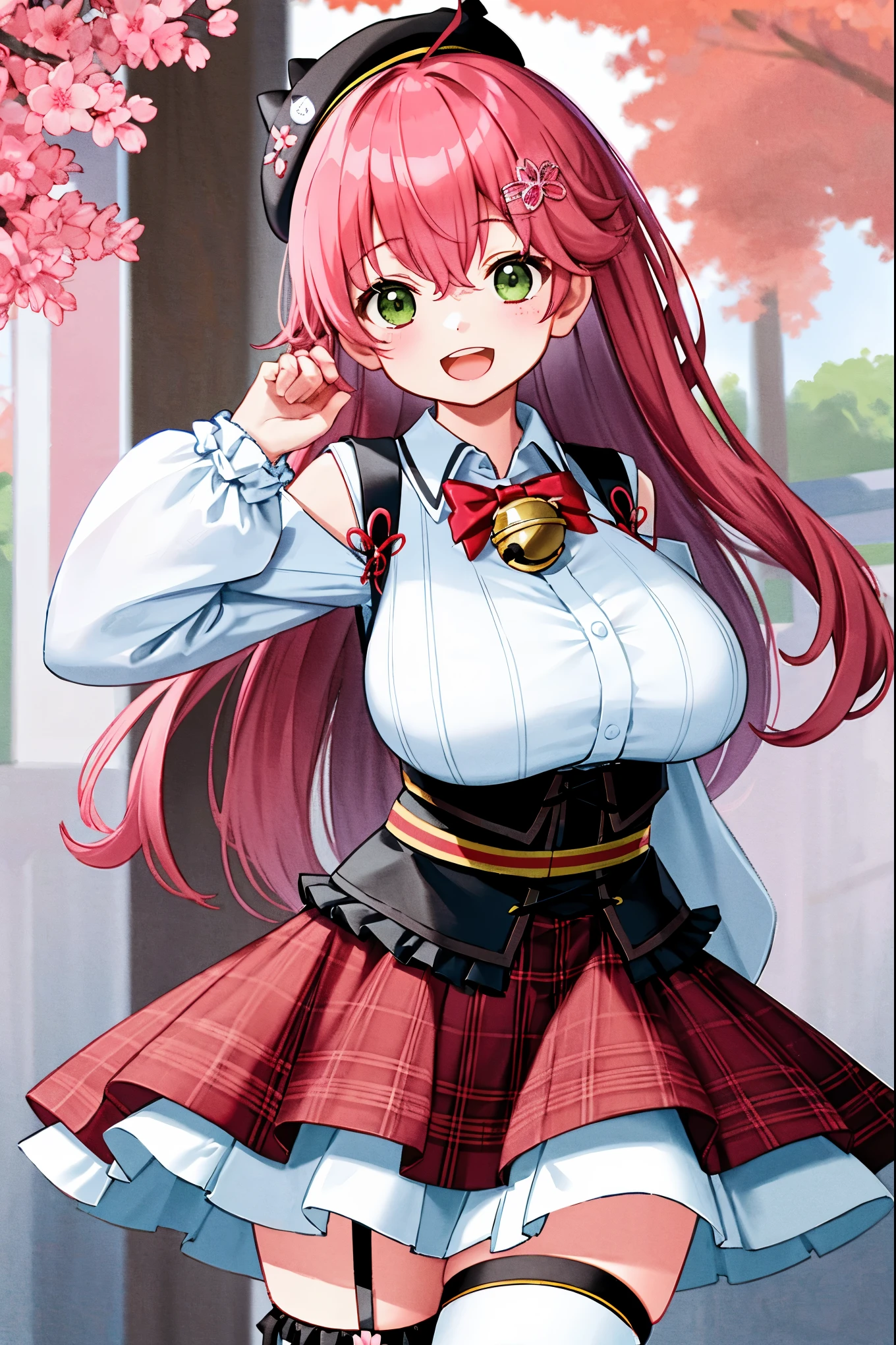 masutepiece, Best_Quality, hight_resolution, miko2,Ponytail, 1girl, Ahoge, black headwear, Hair Ornament, White shirt, black thighhighs, Pink hair, Red_skirt, very_short_skirt, plaid skirts, garter_strap, Collared shirt, hair clips, frilld, Bangs, hair between eye, frills skirt, beret, Pleated skirt, Hair Flower, Neck bell, , puffy long sleeves, Black bow, Underbust, Cowboy Shot,Smile, (gigantic_breasts:1.3),covered_nipples, covered_pussy,green_eyes, happy, childlike_posing,spread_legs,(big_smile:1.2),plump,open_mouth,shout,half_eyes,cherryblossom_park_background,