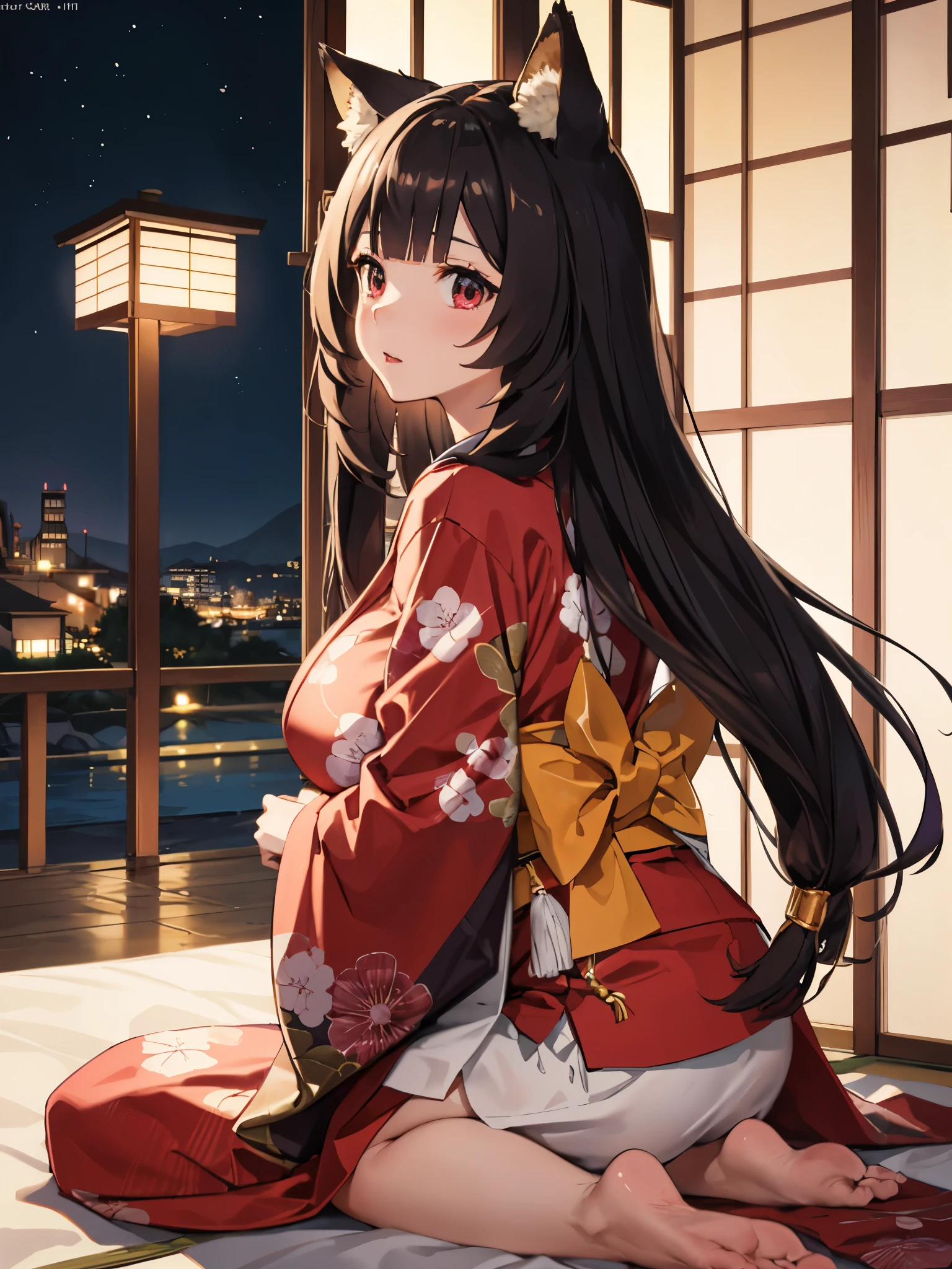 (Best quality), (extremely detailed CG Unity 8k wallpaper), (very detailed), ((absurdity)), Detailed beautiful eyes,Facing right, camera angle from the side, photo from the side,
Raphtalia, Red eyes, black hair, fox tail, fox ears, 1 girl, Wearing kimono, red kimono, red kimono, looking away,big breast,,sitting in bed,, at night, Japanese house