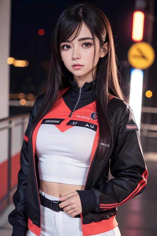 2d, obra maestra, mejor calidad, animada, muy detallado, 1 chica, cuerpo completo, busto grande y detallado, caderas angosta,solo, yuri, ojos morados, cabello purpura, pelo entre los ojos, Pinza para el cabello, uniforme escolar gastado por combate, cara de yandere, escenario futurista, avisos de neon, noche lluviosa, arma tactica,