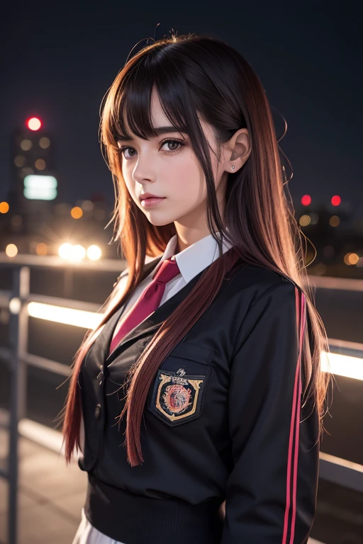 2d, obra maestra, mejor calidad, animada, muy detallado, 1 chica, cuerpo completo, busto grande y detallado, caderas angosta,solo, yuri, ojos morados, cabello purpura, pelo entre los ojos, Pinza para el cabello, uniforme escolar gastado por combate, cara de yandere, escenario futurista, avisos de neon, noche lluviosa, arma tactica,