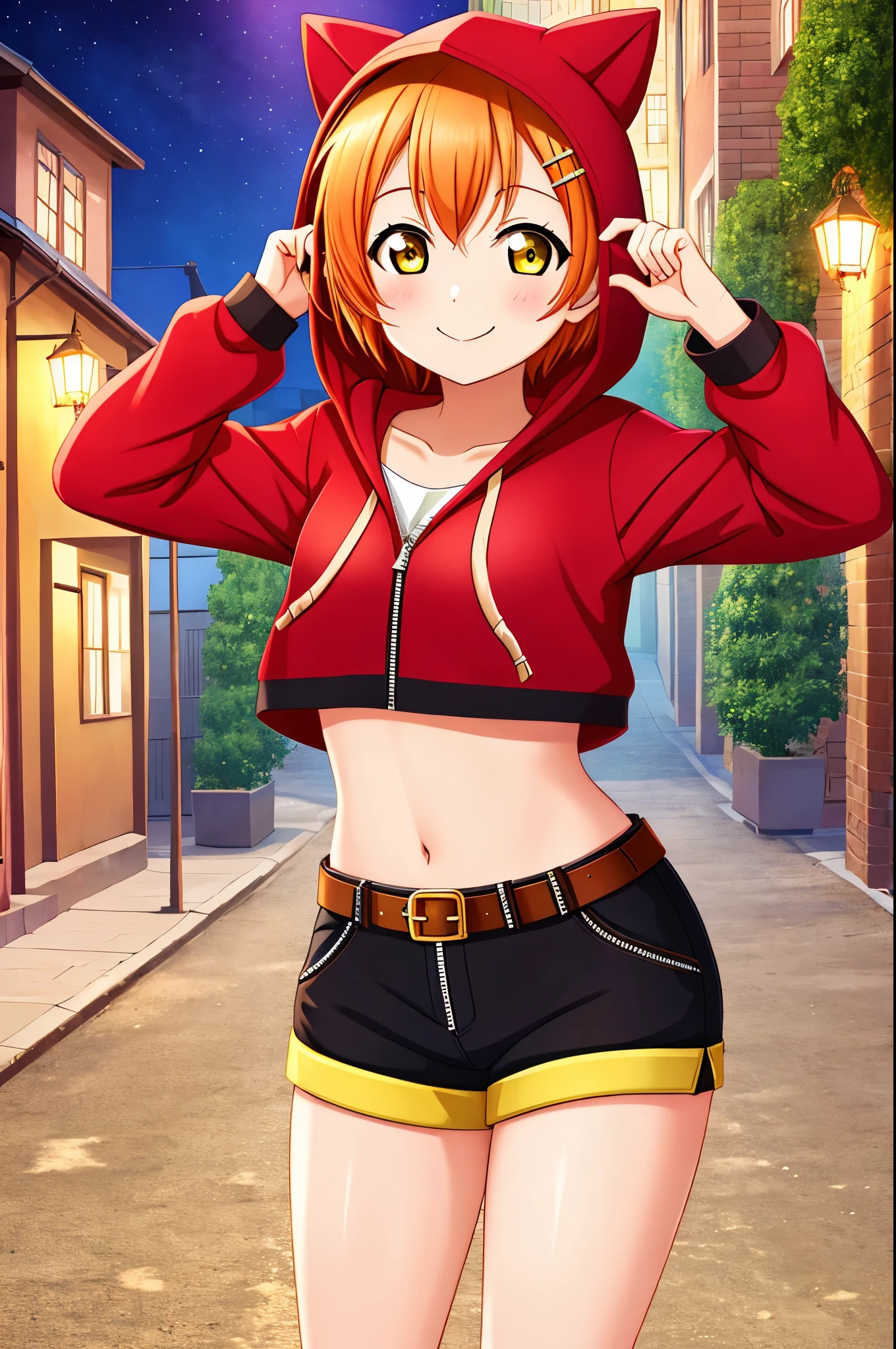 Masterpiece, best quality, cowboy shot, Hoshizora rin, orange hair, floating hair, yellow eyes,solo, looking_at_viewer, blush, short_hair, long_sleeves, collarbone, yellow_eyes, hair ornaments, village street, hood, bare_legs,red crop hoodie, midriff,navel ,standing, hood_down, zipper,thicc thighs,red shorts, normal belt, smile , night