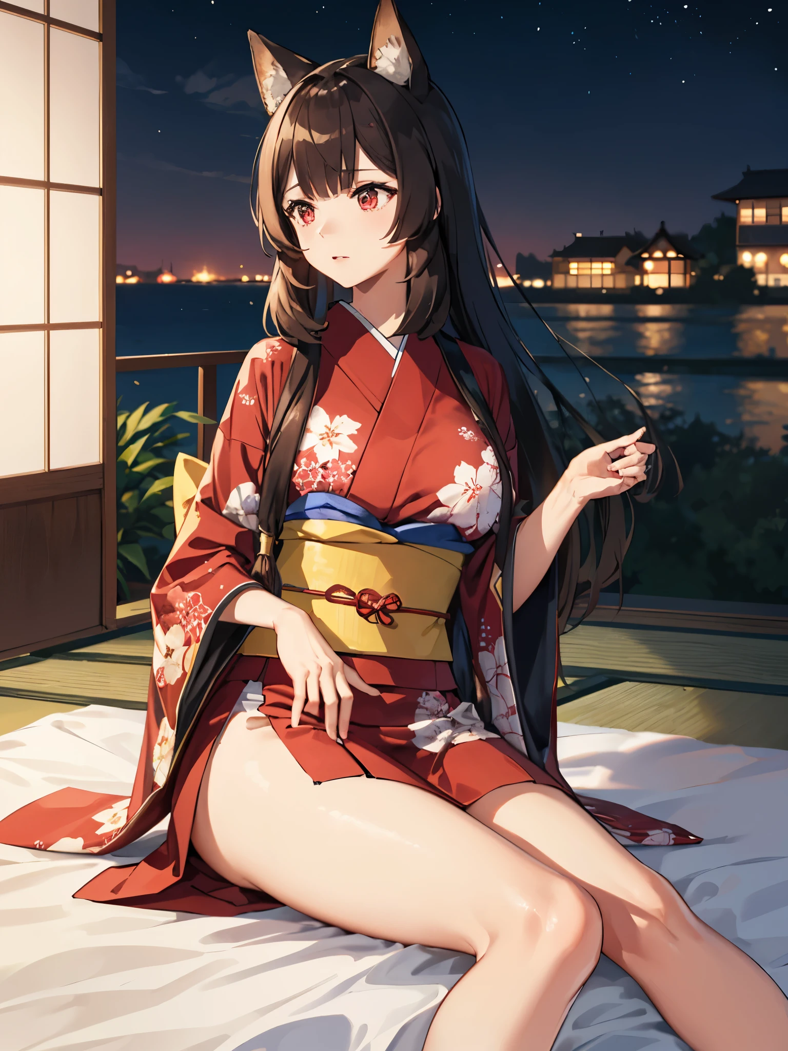 (Best quality), (extremely detailed CG Unity 8k wallpaper), (very detailed), ((absurdity)), Detailed beautiful eyes,Facing right, camera angle from the side, photo from the side,
Raphtalia, Red eyes, black hair, fox tail, fox ears, 1 girl, Wearing kimono, red kimono, red kimono, looking away,big breast,,sitting in bed,, at night, Japanese house