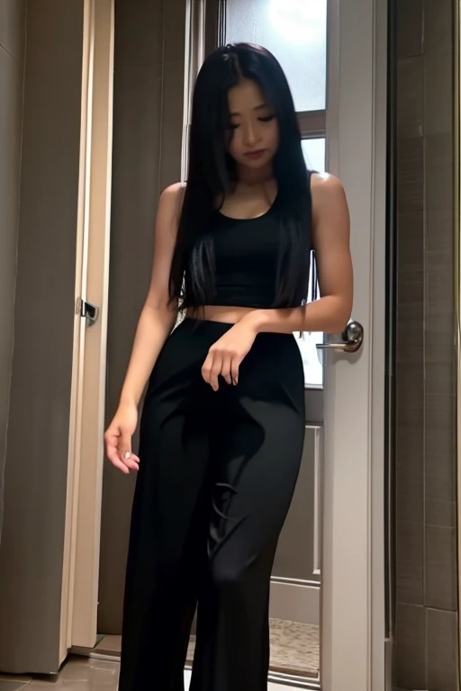 Vietnamese Girl sees the ghost and pees her black ao dai pants until her pants are wet in fright.