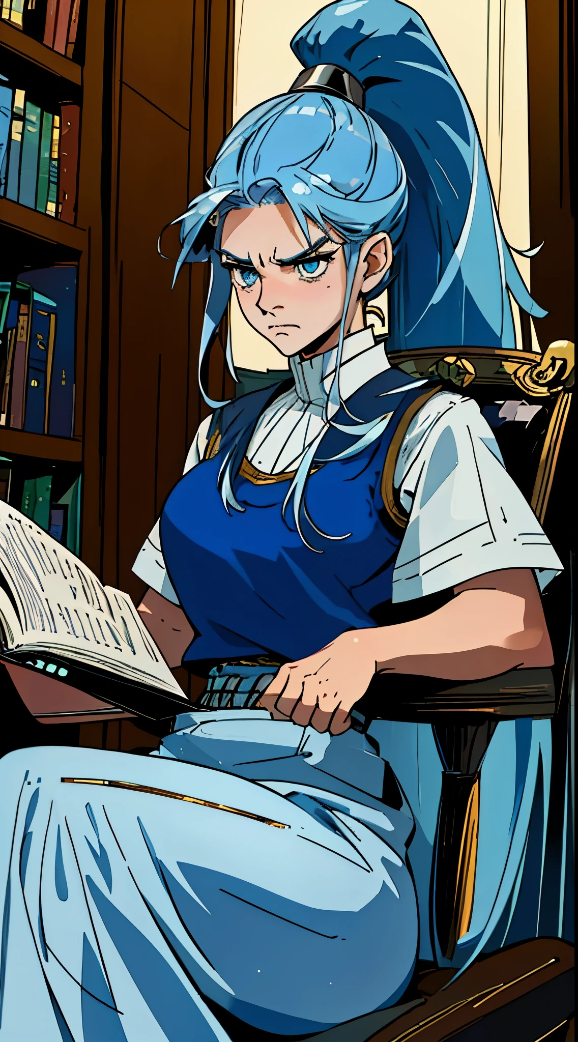 25-year-old woman,(reading, focused, frowning), (tilted head), light blue long hair, attached into a ponytail, blue eyes, blue vest, white shirt, sitting on a chair into a library,dim light, face lighting,best qualtiy,8K, 4k, uhd