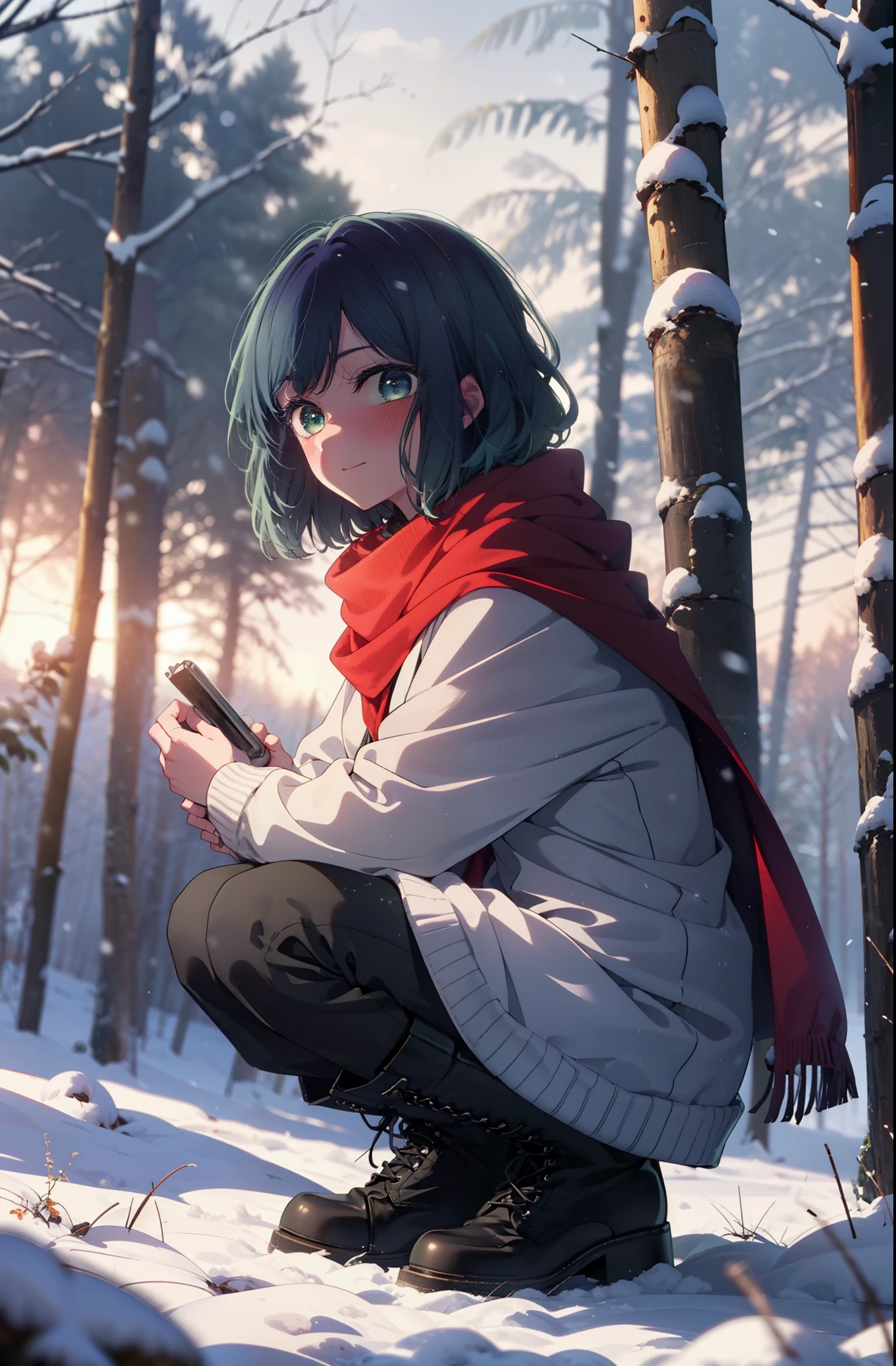 akanekurokawa, akane kurokawa, bangs, (Green Eyes:1.3), Blue Hair, Medium Hair, dark Blue Hair,smile,blush,White Breath,
Open your mouth,snow,Ground bonfire, Outdoor, boots, snowing, From the side, wood, suitcase, Cape, Blurred, , forest, White handbag, nature,  Squat, Mouth closed, Cape, winter, Written boundary depth, Black shoes, red Cape break looking at viewer, Upper Body, whole body, break Outdoor, forest, nature, break (masterpiece:1.2), highest quality, High resolution, unity 8k wallpaper, (shape:0.8), (Beautiful and beautiful eyes:1.6), Highly detailed face, Perfect lighting, Extremely detailed CG, (Perfect hands, Perfect Anatomy),