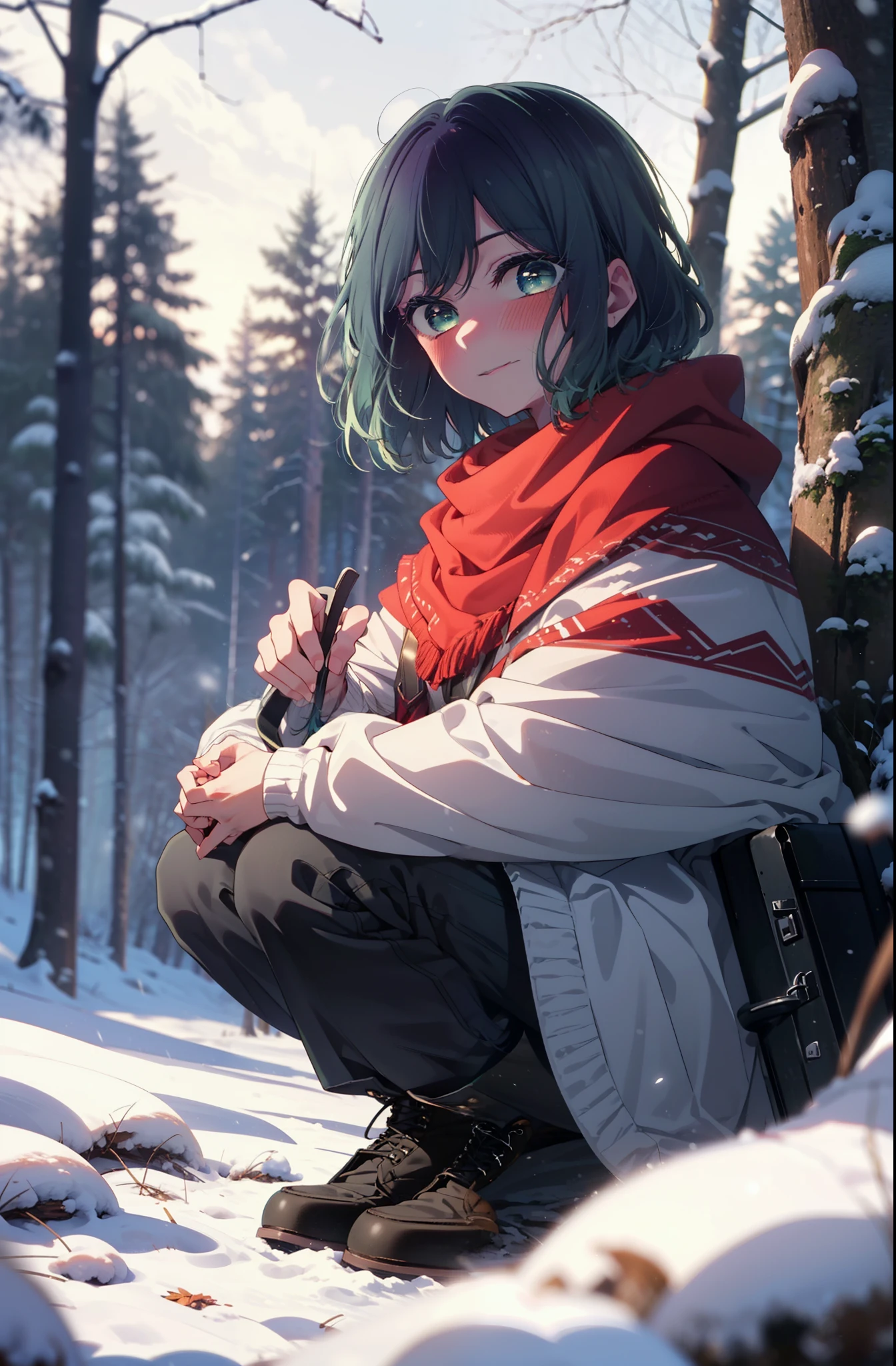 akanekurokawa, akane kurokawa, bangs, (Green Eyes:1.3), Blue Hair, Medium Hair, dark Blue Hair,smile,blush,White Breath,
Open your mouth,snow,Ground bonfire, Outdoor, boots, snowing, From the side, wood, suitcase, Cape, Blurred, , forest, White handbag, nature,  Squat, Mouth closed, Cape, winter, Written boundary depth, Black shoes, red Cape break looking at viewer, Upper Body, whole body, break Outdoor, forest, nature, break (masterpiece:1.2), highest quality, High resolution, unity 8k wallpaper, (shape:0.8), (Beautiful and beautiful eyes:1.6), Highly detailed face, Perfect lighting, Extremely detailed CG, (Perfect hands, Perfect Anatomy),