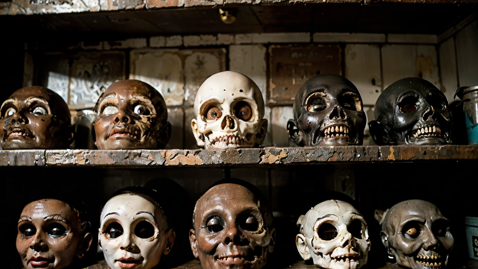 Old doll heads, scary, disturbing, bizarre inside pots in an old, dark kitchen.