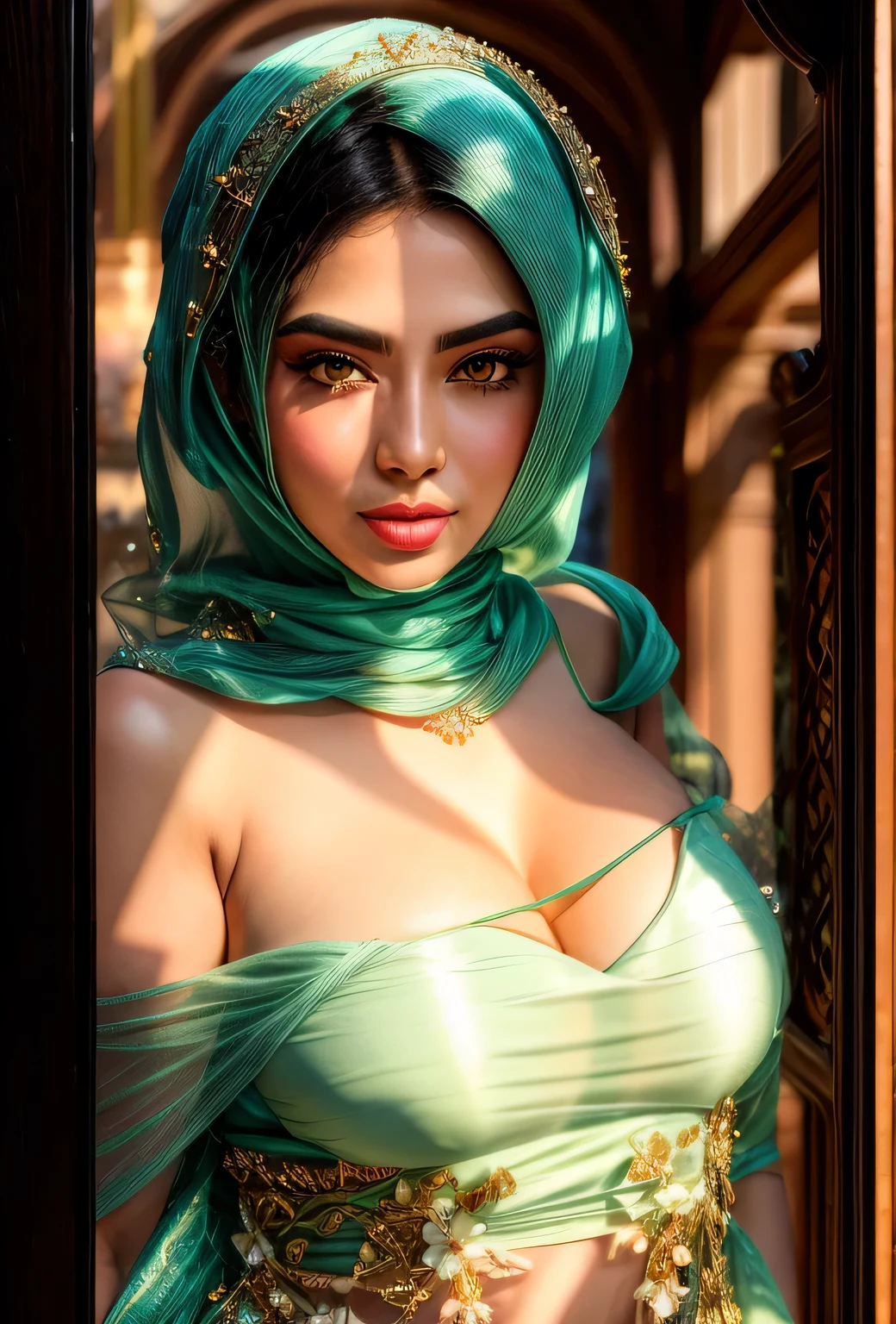 Photo of a Beautiful Persian girl, ultra Realistic, nsfw, full shot, full view, full body, draped in a crystal-clear, shimmering robe, revealing her enormous breasts and nipples, a smile of compassion gracefully illuminated on her face. Her glass-like skin, intricately adorned with intricate, colorful, jewel-toned floral designs, seamlessly blending transparency with the artistic elegance of beaded flowers. The delicate details of the beaded floral embellishments are emphasized, creating a visually stunning and ethereal representation of the Flower Queen. Glass elements are present, adding a fractal art quality to the