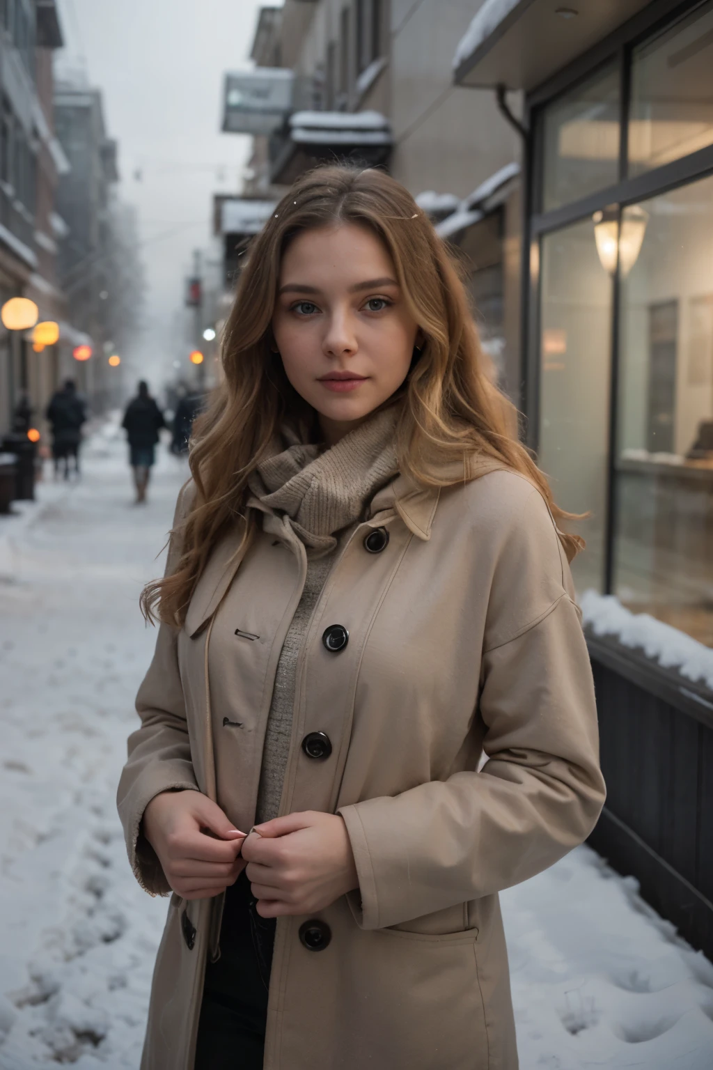 professional portrait photograph of a gorgeous Norwegian girl in winter clothing with long wavy blonde hair, sultry flirty look, gorgeous symmetrical face, cute natural makeup, wearing elegant warm winter fashion clothing, ((standing outside in snowy city street)), stunning modern urban environment, ultra realistic, concept art, elegant, highly detailed, intricate, sharp focus, depth of field, f/1. 8, 85mm, medium shot, mid shot, (((professionally color graded))), bright soft diffused light, (volumetric fog), trending on instagram, hdr 4k, 8k
