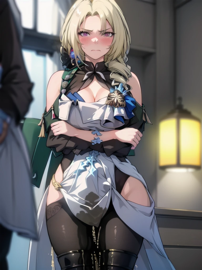 (highest quality:1.37), (masterpiece:1.37), HDR, physically-based rendering, bokeh, (cinematic lighting:1.37), CocoliaV5, standing. The artwork is inspired by manga and incorporates a doujin style. The woman appears to be (wetting herself:1.5), which causes her to feel embarrassed and humiliated, resulting in a blush on her face. In addition, there is an air of anger in her expression. The lighting in the scene is moody, with a spotlight highlighting the woman's figure, her arms are crossed (arms crossed:1.5), (crossing arms:1.5), pee stain, peeing stain on her (yoga pants)., large breasts, skinny