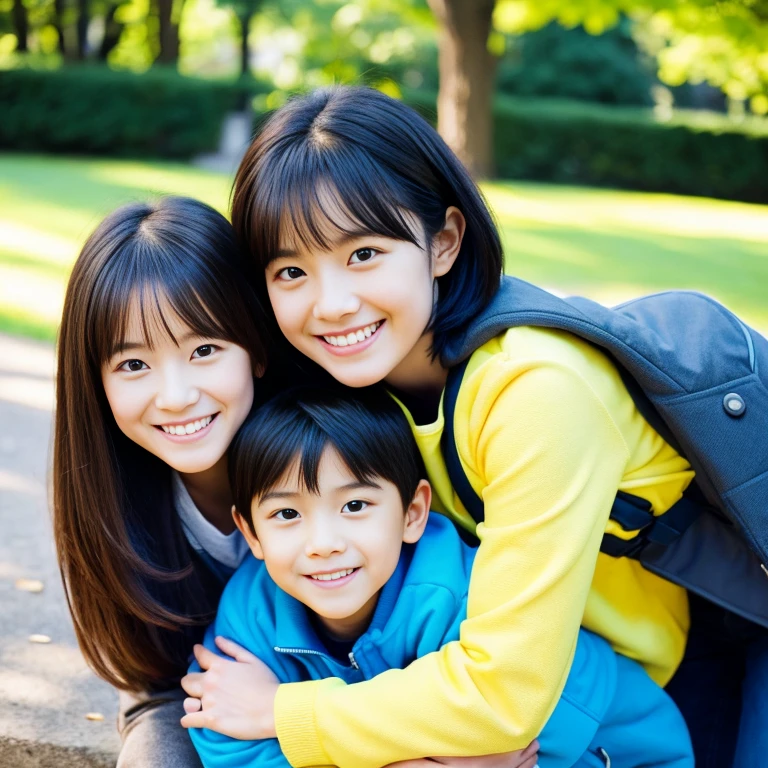 highest quality，masterpiece，超A high resolution，Perfect Anatomy,（Faithfulness：1.4），RAW Photos，smile，Children of short-haired boys，Woman with long hair and 2 year old boy with short hair，a woman and small boy, Mom and short-haired son,Gorgeous Mother And Smiley Boy,（Big tree々Parks with）(((Big treeの後ろに隠れている母)))、(hide and seek）Cowboy Shot,Cinema Lighting，Fashion model parents，Adorable，, (Browsing Caution:1.2)、(Black-haired baby looking for his mother)、(Long-haired mom and short-haired son)、（Mother in yellow jacket and son in blue jacket）