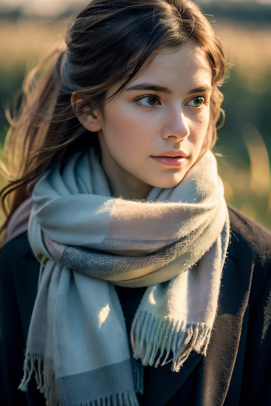 8k, best quality, masterpiece, realistic, ultra detail, photo realistic, Increase quality, 
a photo of a girl standing in a field with a scarf, in the style of dark and brooding designer, voluminous mass, photobash, serene faces, jagged edges, navy, natural beauty, close-up shot
