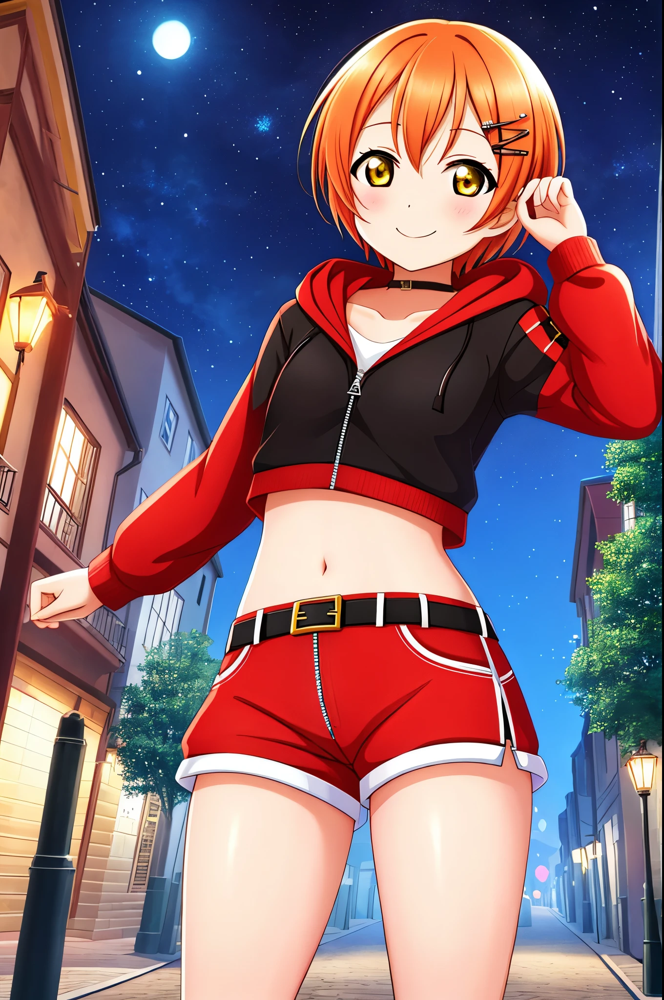 Masterpiece, best quality, cowboy shot, Hoshizora rin, orange hair, floating hair, yellow eyes,solo, looking_at_viewer, blush, short_hair, long_sleeves, collarbone, yellow_eyes, hair ornaments, village street, hood, bare_legs,red crop hoodie, midriff,navel ,standing, hood_down, zipper,thicc thighs,red shorts, normal belt, smile , night