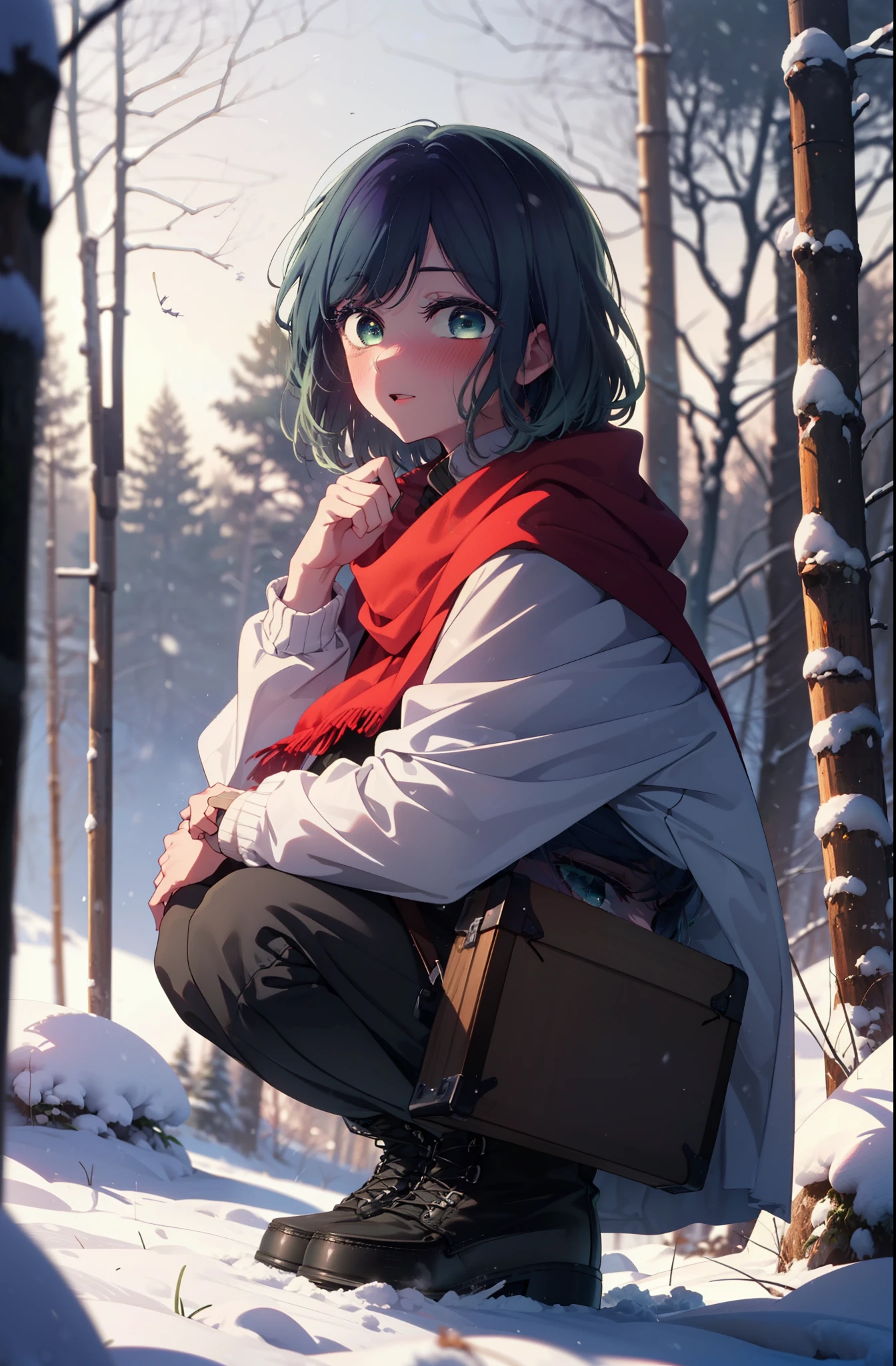 akanekurokawa, akane kurokawa, bangs, (Green Eyes:1.3), Blue Hair, Medium Hair, dark Blue Hair,smile,blush,White Breath,
Open your mouth,snow,Ground bonfire, Outdoor, boots, snowing, From the side, wood, suitcase, Cape, Blurred, , forest, White handbag, nature,  Squat, Mouth closed, Cape, winter, Written boundary depth, Black shoes, red Cape break looking at viewer, Upper Body, whole body, break Outdoor, forest, nature, break (masterpiece:1.2), highest quality, High resolution, unity 8k wallpaper, (shape:0.8), (Beautiful and beautiful eyes:1.6), Highly detailed face, Perfect lighting, Extremely detailed CG, (Perfect hands, Perfect Anatomy),