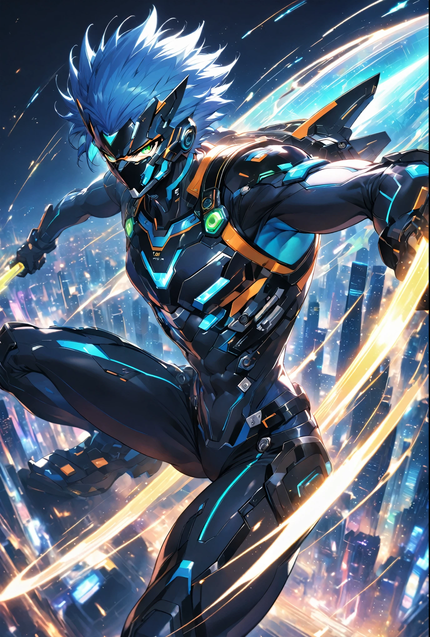 Dynamic male character in futuristic black and blue cyber suit with glowing LED lines, Short, spiky blue hair, Sharp green eyes. He is tall, Muscular, He carries an energy backpack on his back.. Characters are in fighting poses, Wield the energy blade, With a serious and concentrated expression. Background、A digital cityscape featuring holographic elements and light effects。, Expressing a cybernetic world.,Battle Style,Dynamic Pose,cool,The best composition,Intricate details,Very detailed,Disorganized,Face masks,