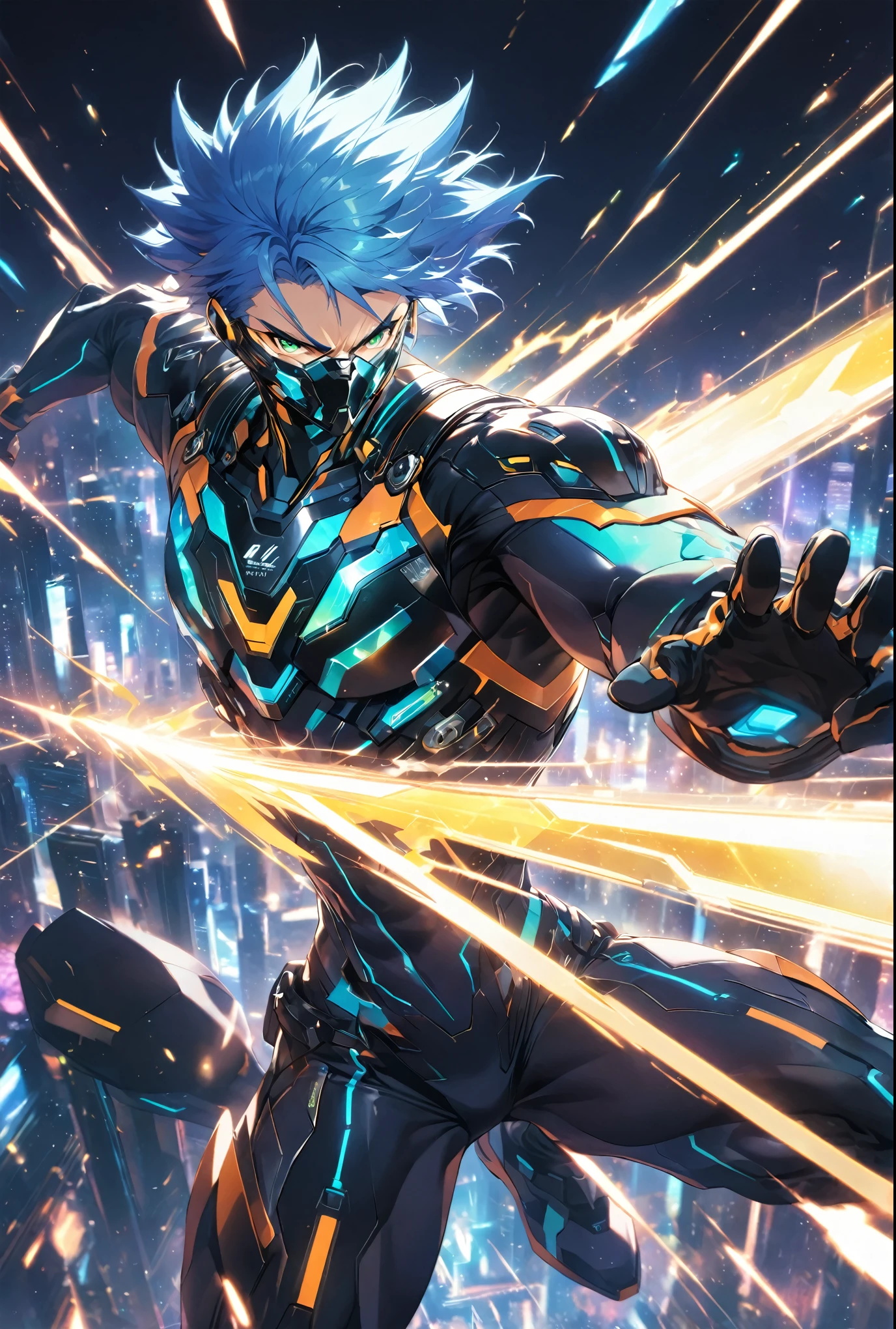 Dynamic male character in futuristic black and blue cyber suit with glowing LED lines, Short, spiky blue hair, Sharp green eyes. He is tall, Muscular, He carries an energy backpack on his back.. Characters are in fighting poses, Wield the energy blade, With a serious and concentrated expression. Background、A digital cityscape featuring holographic elements and light effects。, Expressing a cybernetic world.,Battle Style,Dynamic Pose,cool,The best composition,Intricate details,Very detailed,Disorganized,Face masks,