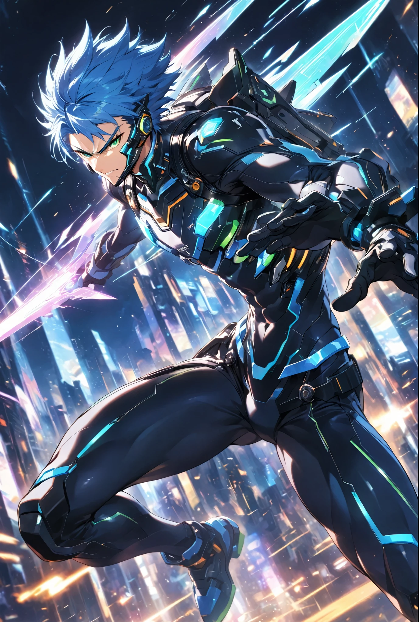 Dynamic male character in futuristic black and blue cyber suit with glowing LED lines, Short, spiky blue hair, Sharp green eyes. He is tall, Muscular, He carries an energy backpack on his back.. Characters are in fighting poses, Wield the energy blade, With a serious and concentrated expression. Background、A digital cityscape featuring holographic elements and light effects。, Expressing a cybernetic world.,Battle Style,Dynamic Pose,cool,The best composition,Intricate details,Very detailed,Disorganized,Face masks,