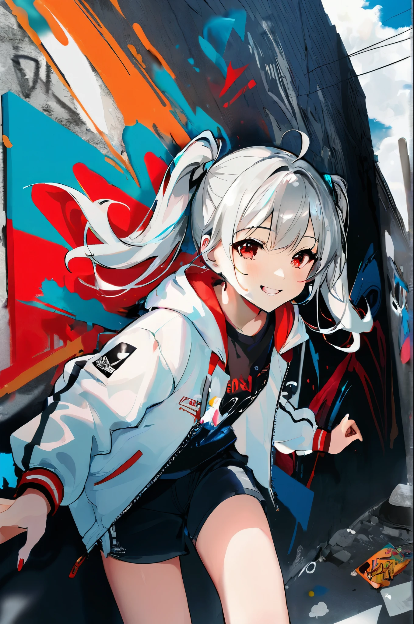masterpiece,highest quality,4K,nice,sexy,
graffiti,\(\(colorful\)\),\(combo & graffiti\),\(Very delicate and beautiful girl\),8k wallpaper,\(\(masterpiece\)\),One girl,alone,dynamic,Gray Hair,Twin tails,Red eyes,Crazy Smile,Paint on the face,The pupils constrict,White jacket,\(\(Splash Paint,flow\)\),\(explode\),grow,blue sky,street,Very wide shot,From below,\(Chaotic geometric images\),perspective,