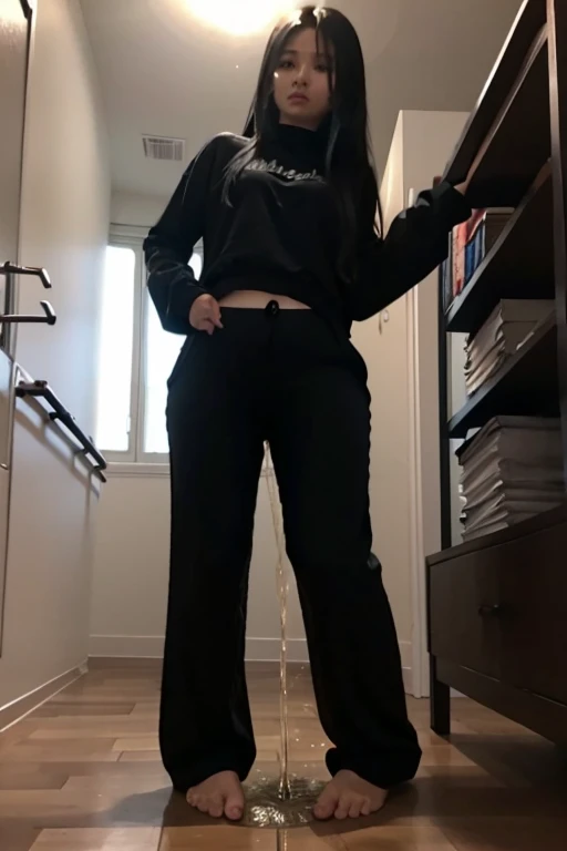 Malay Girl sees the ghost and pees her black palazzo pants until her pants are wet in fright.