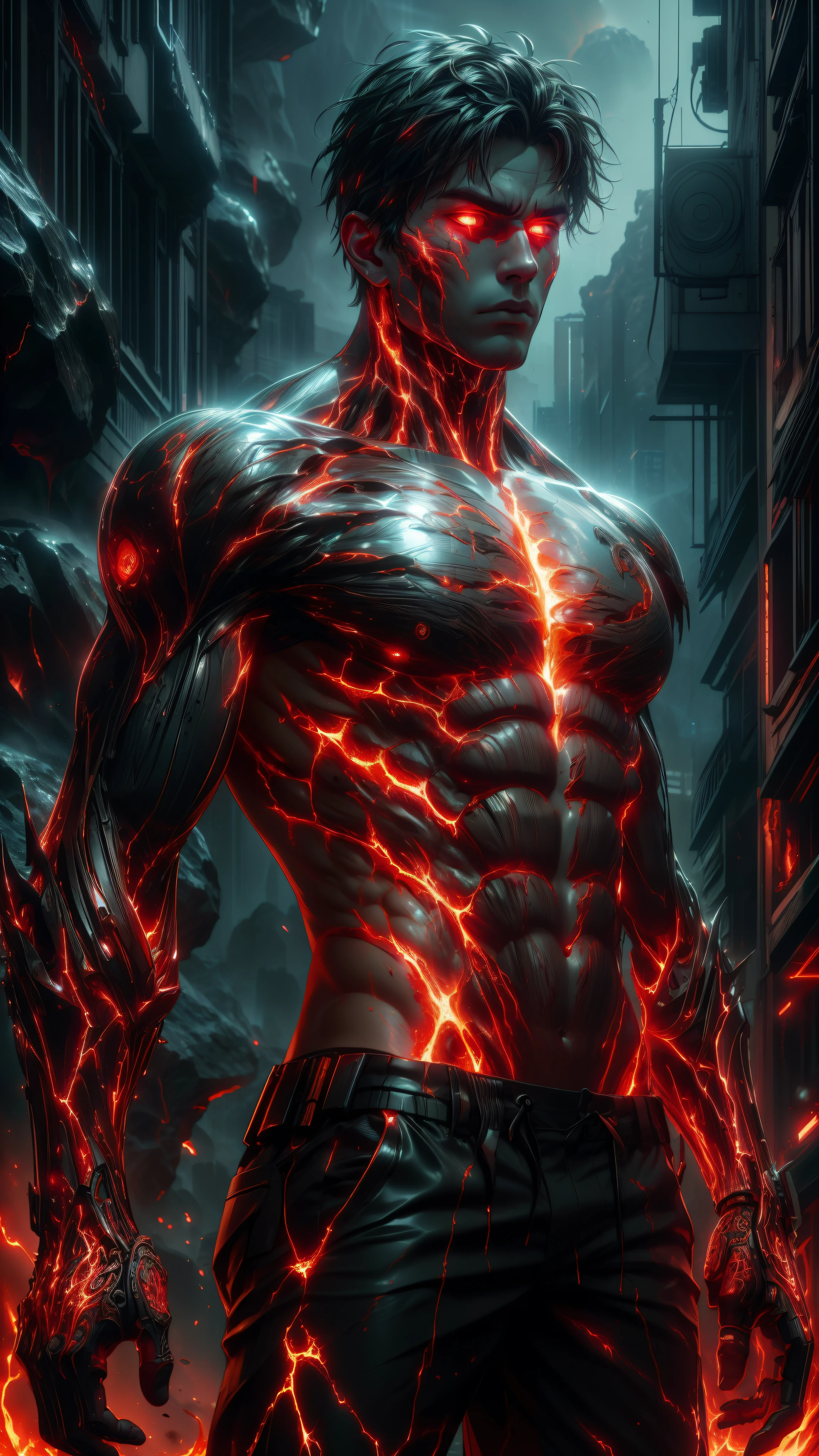 (absurdres, highres, ultra detailed)(masterpiece), (extremely intricate:1.3), (realistic),cyberpunk city,Cinematic Lighting,4k,(masterpiece), (1boy:1.2),upper body,nvwashireg, burnt clothes,(glowing skin:1.3),(((molten rock skin)))