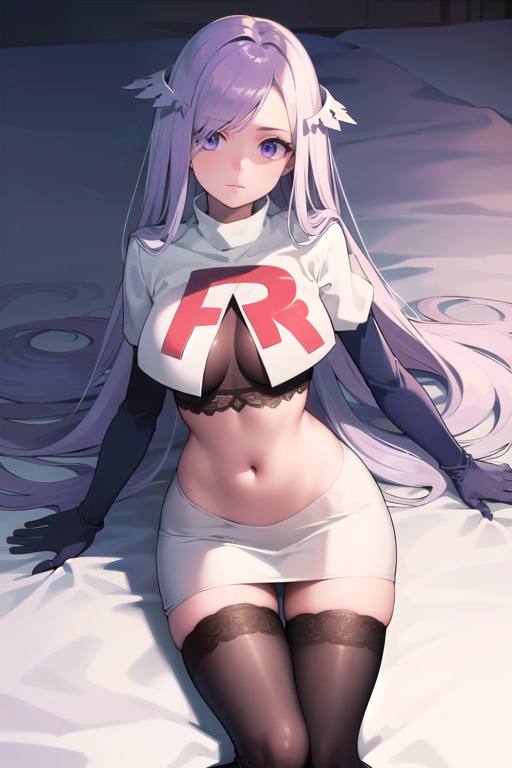 quinella, quinella, absurdly long hair, (purple eyes:1.1), long hair, parted bangs, purple hair, very long hair, hair ornament,
BREAK team rocket,team rocket uniform,white skirt,red letter R,crop top,black thigh-highs,black elbow gloves,
BREAK looking at viewer, cowboy shot,
BREAK (masterpiece:1.2), best quality, high resolution, unity 8k wallpaper, (illustration:0.8), (beautiful detailed eyes:1.6), extremely detailed face, perfect lighting, extremely detailed CG, (perfect hands, perfect anatomy),