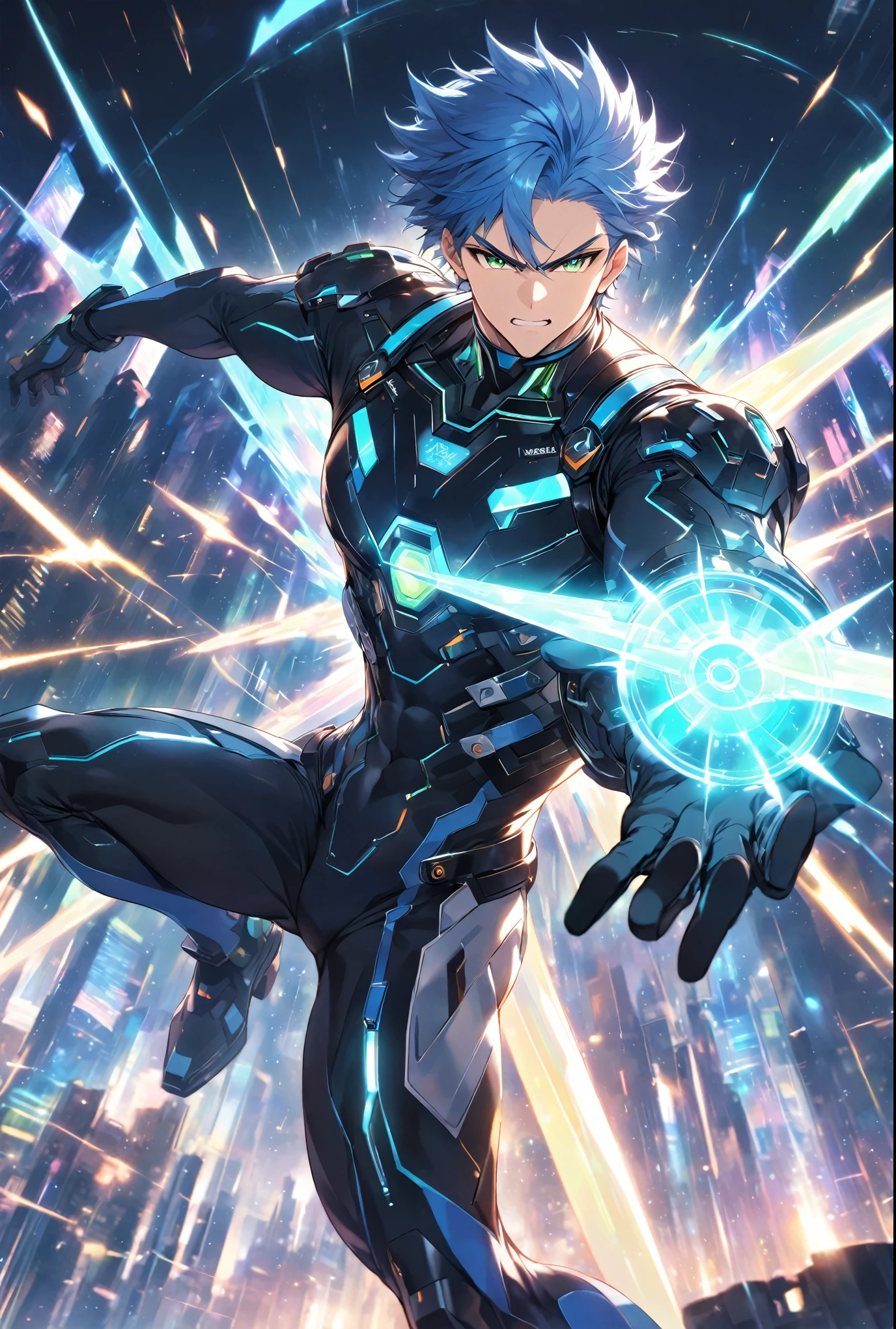 Dynamic male character in futuristic black and blue cyber suit with glowing LED lines, Short, spiky blue hair, Sharp green eyes. He is tall, Muscular, He carries an energy backpack on his back.. Characters are in fighting poses, Wield the energy blade, With a serious and concentrated expression. Background、A digital cityscape featuring holographic elements and light effects。, Expressing a cybernetic world.