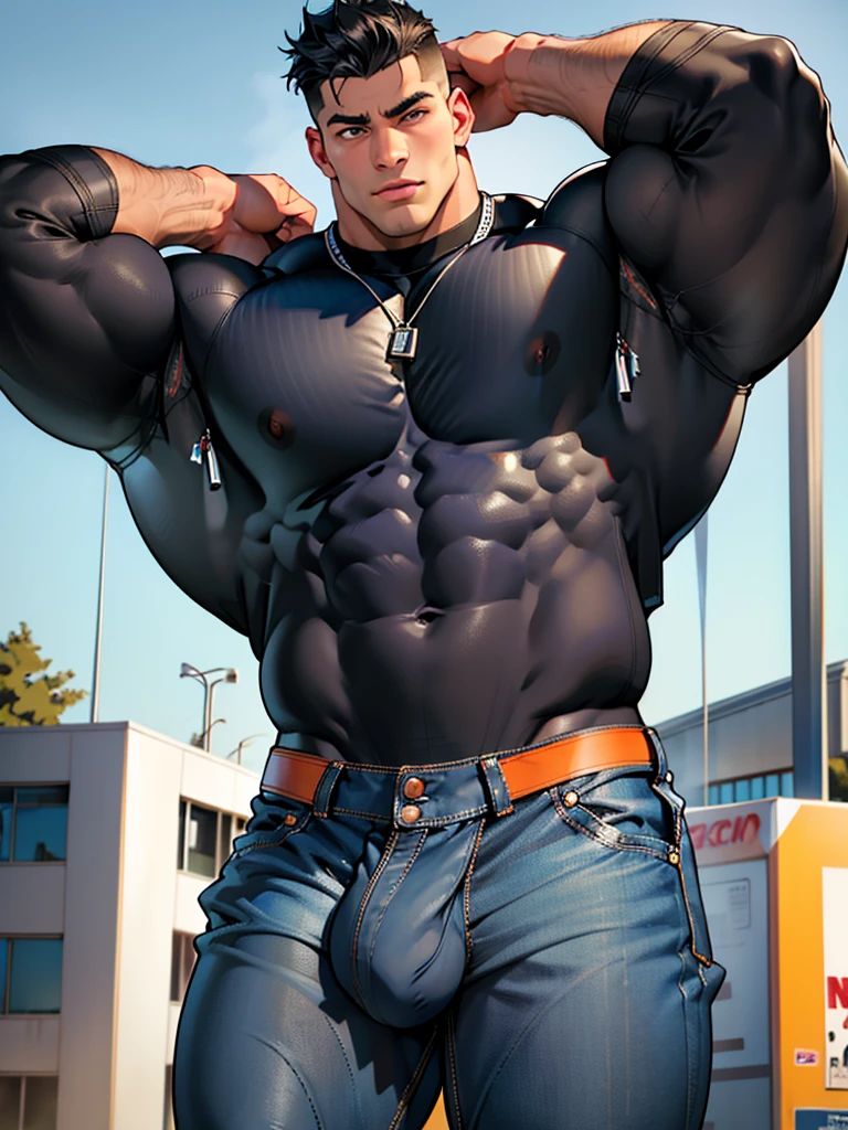 Muscular young man age dream detailed face, realistic eyes, idiot, athlete, Tremendously huge and mega muscular Beefcake, black hair, grayish blue ones, gigantic thick thighs, big colossal ass, blue jeans, black high school jacket with no shirt, tight skinny jeans black,huge muscular chest, bulging pecs, unrealistically oversized pecs, big bulge.