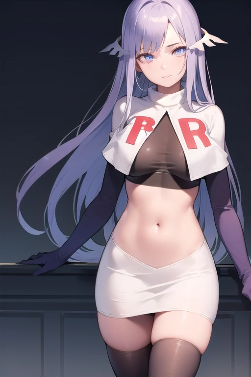 quinella, quinella, absurdly long hair, (purple eyes:1.1), long hair, parted bangs, purple hair, very long hair, hair ornament,
BREAK team rocket,team rocket uniform,white skirt,red letter R,crop top,black thigh-highs,black elbow gloves,
BREAK looking at viewer, cowboy shot,
BREAK (masterpiece:1.2), best quality, high resolution, unity 8k wallpaper, (illustration:0.8), (beautiful detailed eyes:1.6), extremely detailed face, perfect lighting, extremely detailed CG, (perfect hands, perfect anatomy),