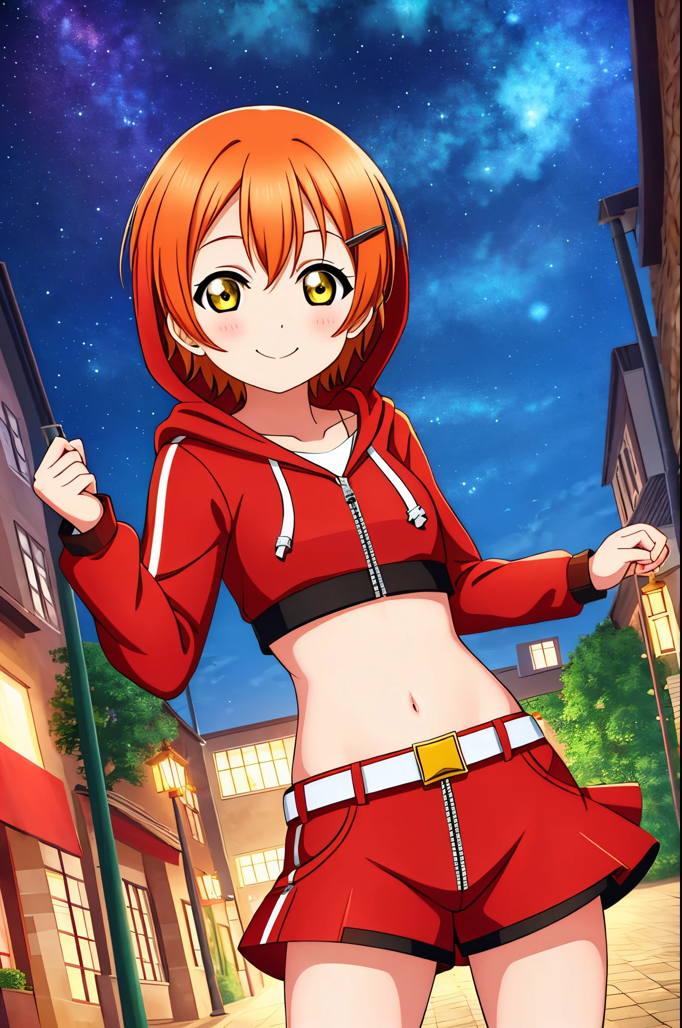 Masterpiece, best quality, cowboy shot, Hoshizora rin, orange hair, floating hair, yellow eyes,solo, looking_at_viewer, blush, short_hair, long_sleeves, collarbone, yellow_eyes, hair ornaments, village street, hood, bare_legs,red crop hoodie, midriff,navel ,standing, hood_down, zipper,thicc thighs,red shorts, normal belt, smile , night