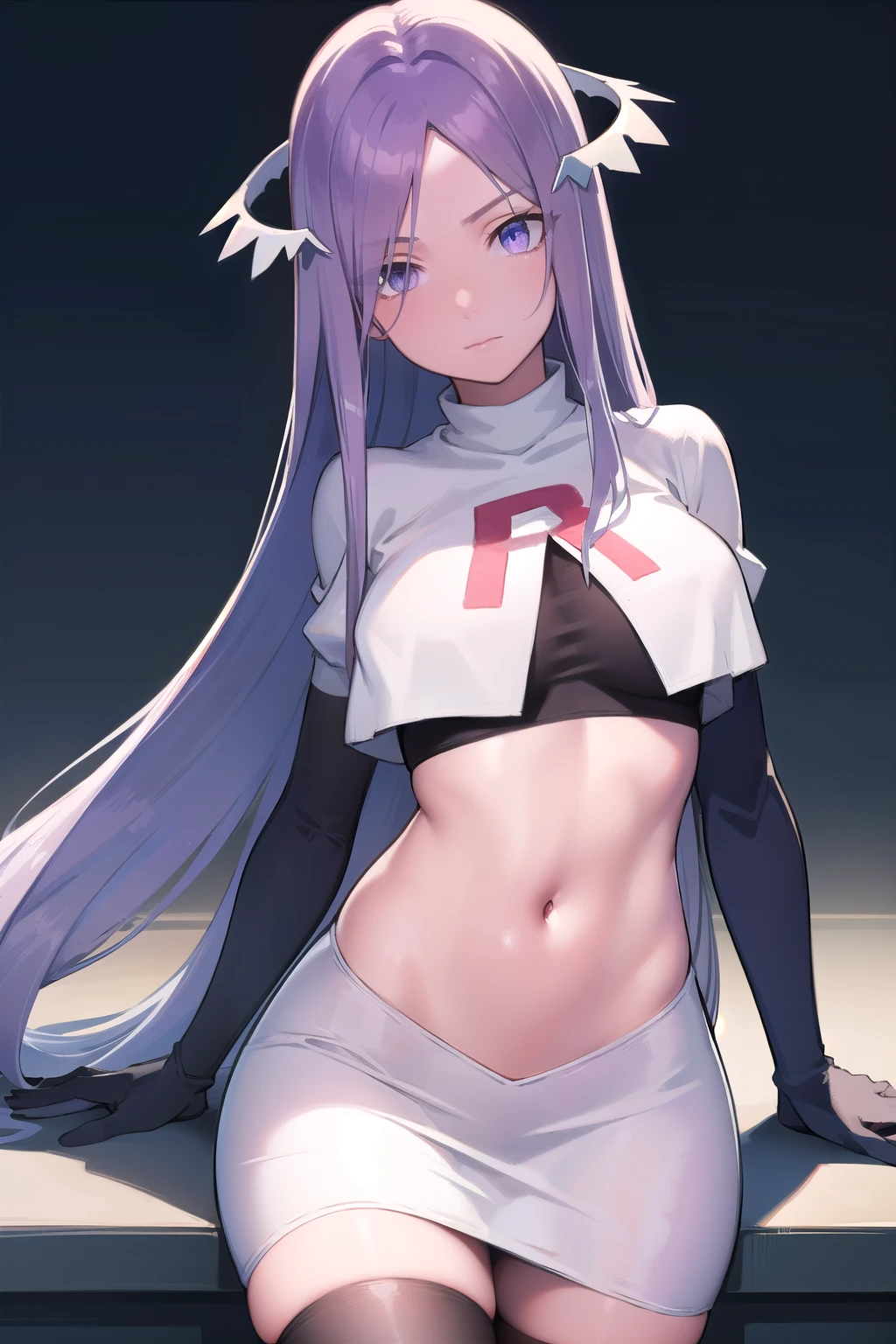 quinella, quinella, absurdly long hair, (purple eyes:1.1), long hair, parted bangs, purple hair, very long hair, hair ornament,
BREAK team rocket,team rocket uniform,white skirt,red letter R,crop top,black thigh-highs,black elbow gloves,
BREAK looking at viewer, cowboy shot,
BREAK (masterpiece:1.2), best quality, high resolution, unity 8k wallpaper, (illustration:0.8), (beautiful detailed eyes:1.6), extremely detailed face, perfect lighting, extremely detailed CG, (perfect hands, perfect anatomy),