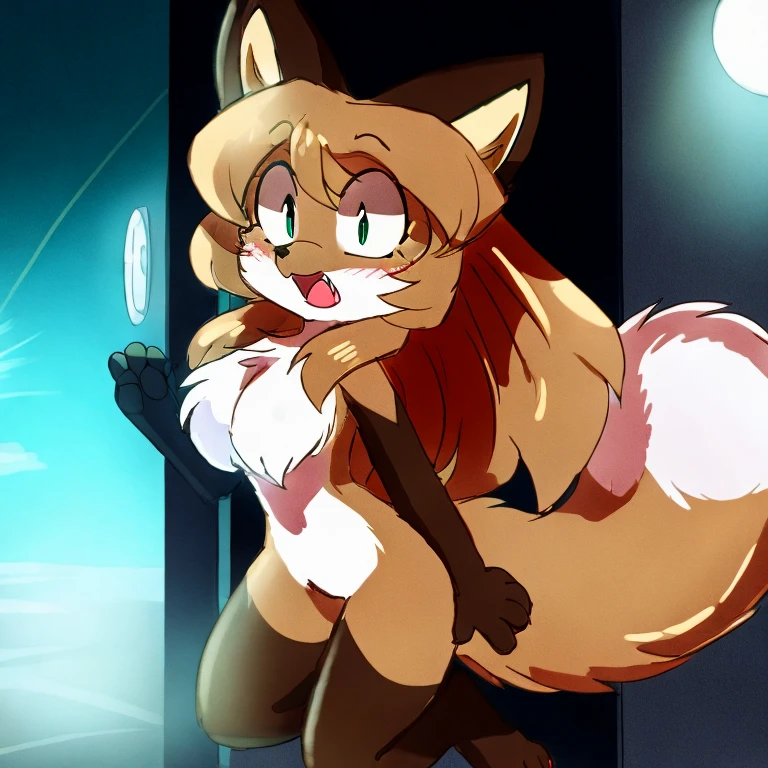 uploaded the e621, beautiful and detailed, woman (((female))) ((anthro)) Fox, (Averi, Fox girl), cinematic lighting, Fox, (anthro, fluffy fur), 1girl, anthro fox girl, body fur, curvy, sexy, nice, cute, hot, comfortable anime-style cartoon-style, digital drawing, SFW, flat chest, green eyes, scared expression, panic, ghost, running, running in fear, being chased by a ghost