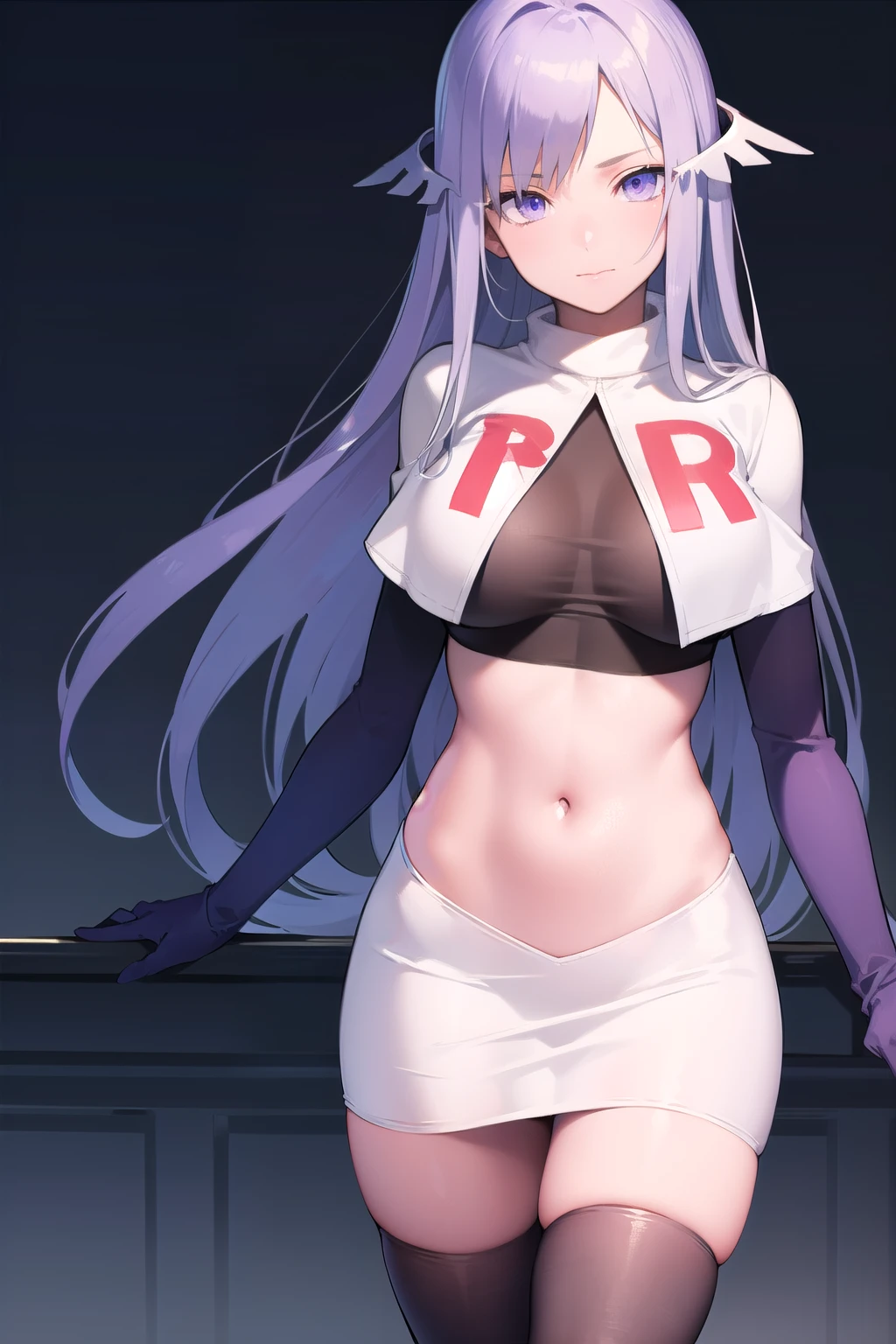 quinella, quinella, absurdly long hair, (purple eyes:1.1), long hair, parted bangs, purple hair, very long hair, hair ornament,
BREAK team rocket,team rocket uniform,white skirt,red letter R,crop top,black thigh-highs,black elbow gloves,
BREAK looking at viewer, cowboy shot,
BREAK (masterpiece:1.2), best quality, high resolution, unity 8k wallpaper, (illustration:0.8), (beautiful detailed eyes:1.6), extremely detailed face, perfect lighting, extremely detailed CG, (perfect hands, perfect anatomy),