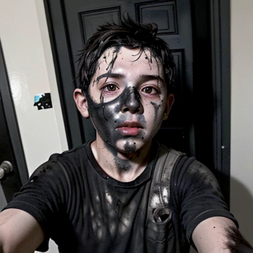 Selfie of boy covered in soot after opening door and getting caught in explosion