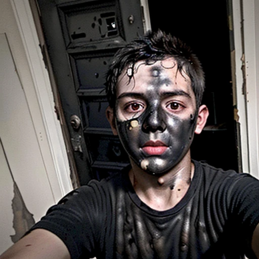 Selfie of boy covered in soot after opening door and getting caught in explosion