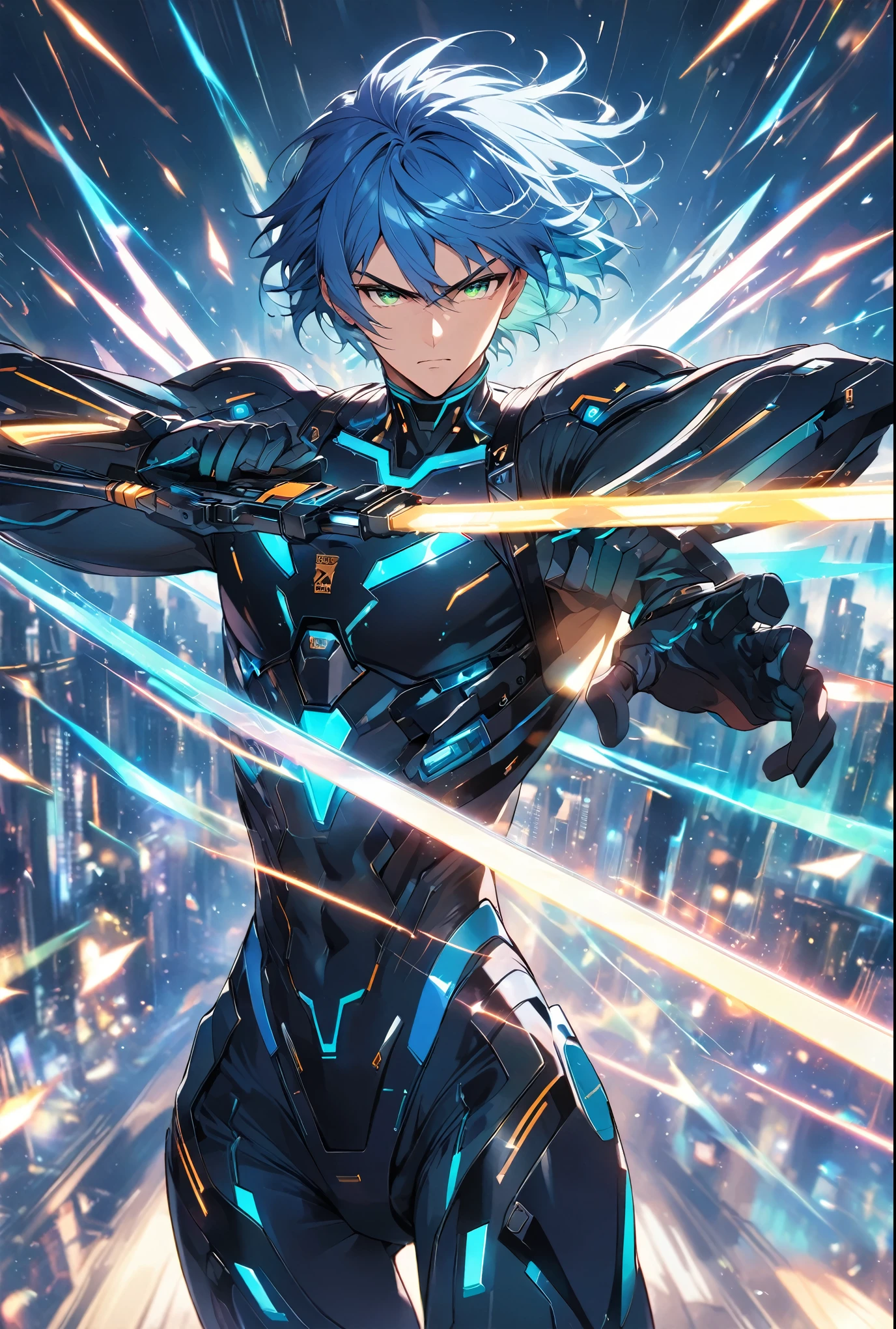 A dynamic male character in a futuristic black and blue cyber suit with glowing LED lines, short spiky blue hair, and sharp green eyes. He is tall, muscular, and has an energy backpack on his back. The character is in a combat pose, wielding energy blades, with a serious and focused expression. The background is a digital cityscape with floating holographic elements and light effects, representing a cybernetic world.