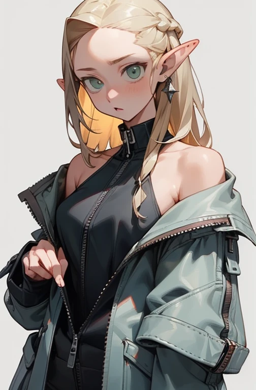 (masterpiece, best quality) detailed,  silver accessories , zipper unzipped , blond ,elegant,  pointed ears ，torn clotheaid，Off the shoulders，whole body