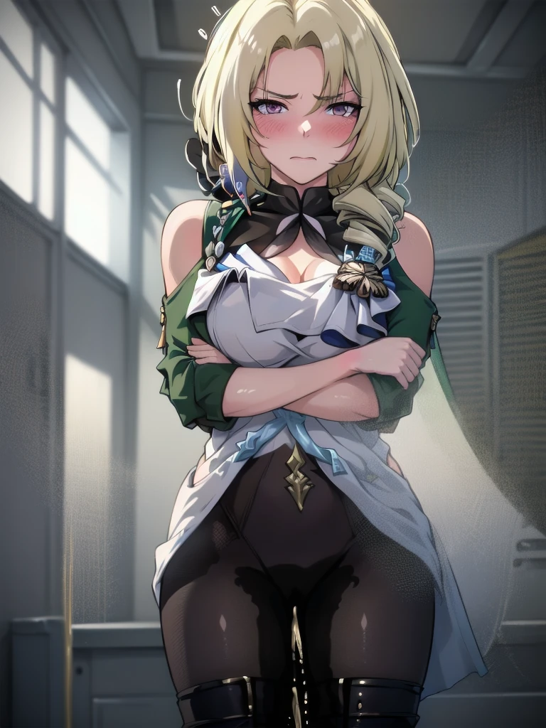 (highest quality:1.37), (masterpiece:1.37), HDR, physically-based rendering, bokeh, (cinematic lighting:1.37), CocoliaV5, (standing:1.25). The artwork is inspired by manga and incorporates a doujin style. The woman appears to be (wetting herself:1.5), which causes her to feel embarrassed and humiliated, resulting in a blush on her face. In addition, there is an air of anger in her expression. The lighting in the scene is moody, with a spotlight highlighting the woman's figure, her arms are crossed (arms crossed:1.5), (crossing arms:1.5), pee stain, peeing stain on her (yoga pants)., large breasts, skinny