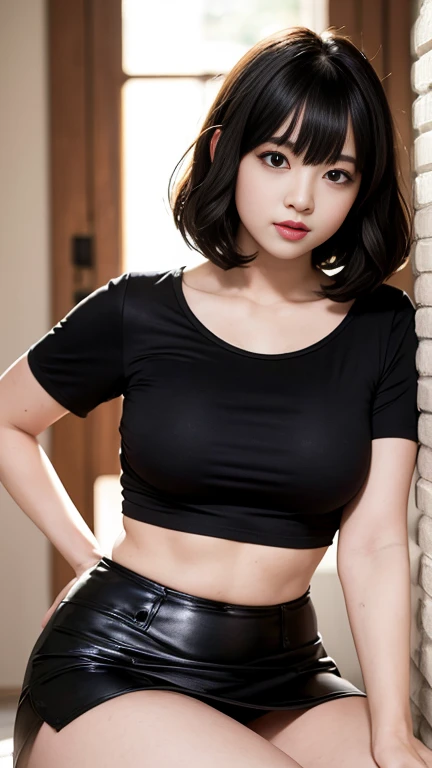 (NSFW:1.0) portrait 2 young stunning sexy woman, bob hair style with bangs, long straight black hair,  wearing mini skirt and tight t-shirt 