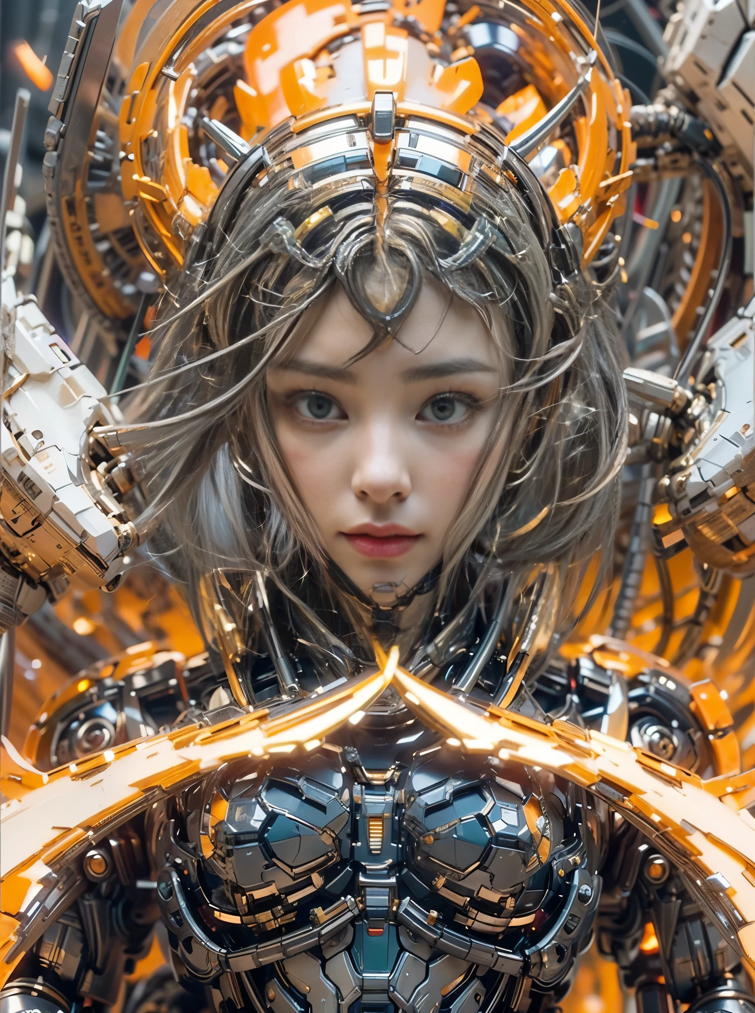 (masterpiece, best quality:1.2), (8k uhd, 16k, 32k, ultra high res), movie,official art, promotional art, movie wallpaper, extremely detailed CG unity 4k wallpaper, ultimately intricate details, white background, full body, concept art, production art, (Mechanical components:1.5),(mechanical prosthesis:1.5), mechanical wings, wings, highres, (realistic, photo-realistic:1.2), physically-based rendering, machinery, reflection, realistic, cyberpunk, symmetric front view close up head shot eyes symmetry face very sharp focus realistic award winning matte drawing cinematic lighting 1girl, robot, slim, fair skin,delicate face, tights,shine, Bodysuit, (blond long hair),green eyes, laboratory, chip, shine,braid