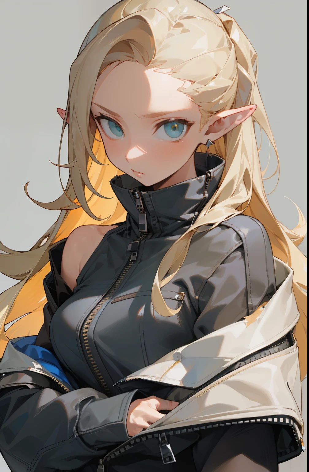 (masterpiece, best quality) detailed, Wearing black tights, silver accessories , zipper unzipped , blonde ,elegant, pointed ears ,Chinese element pattern,thigh,漏出thigh,white shirt,torn clothes