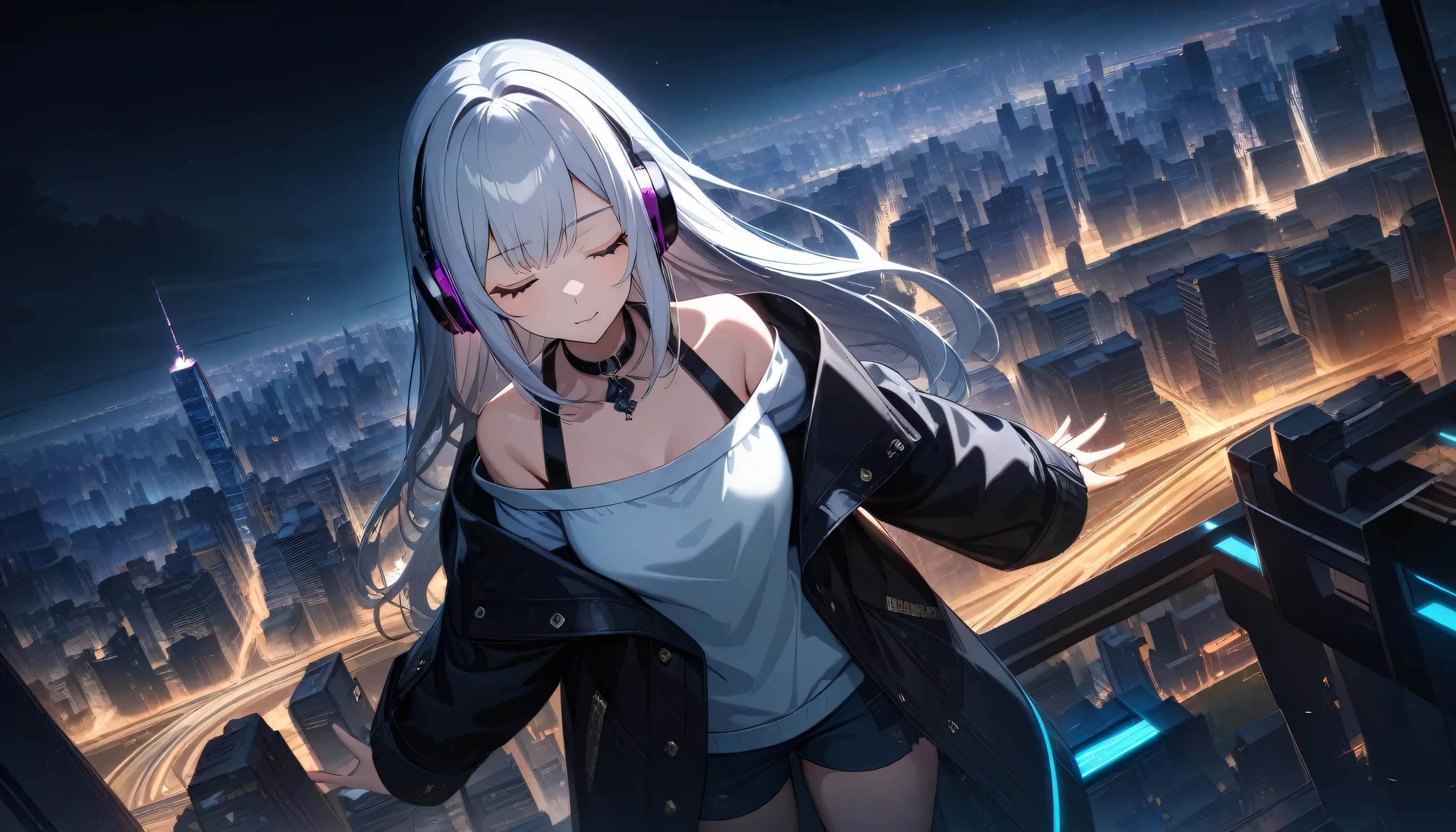 a beautiful young woman with long silver hair wearing a coat, headphones, and off-the-shoulder top, eyes closed, standing in a night city landscape, high angle, best quality, 8k, extremely detailed cg, masterpiece, high resolution, ultra-detailed