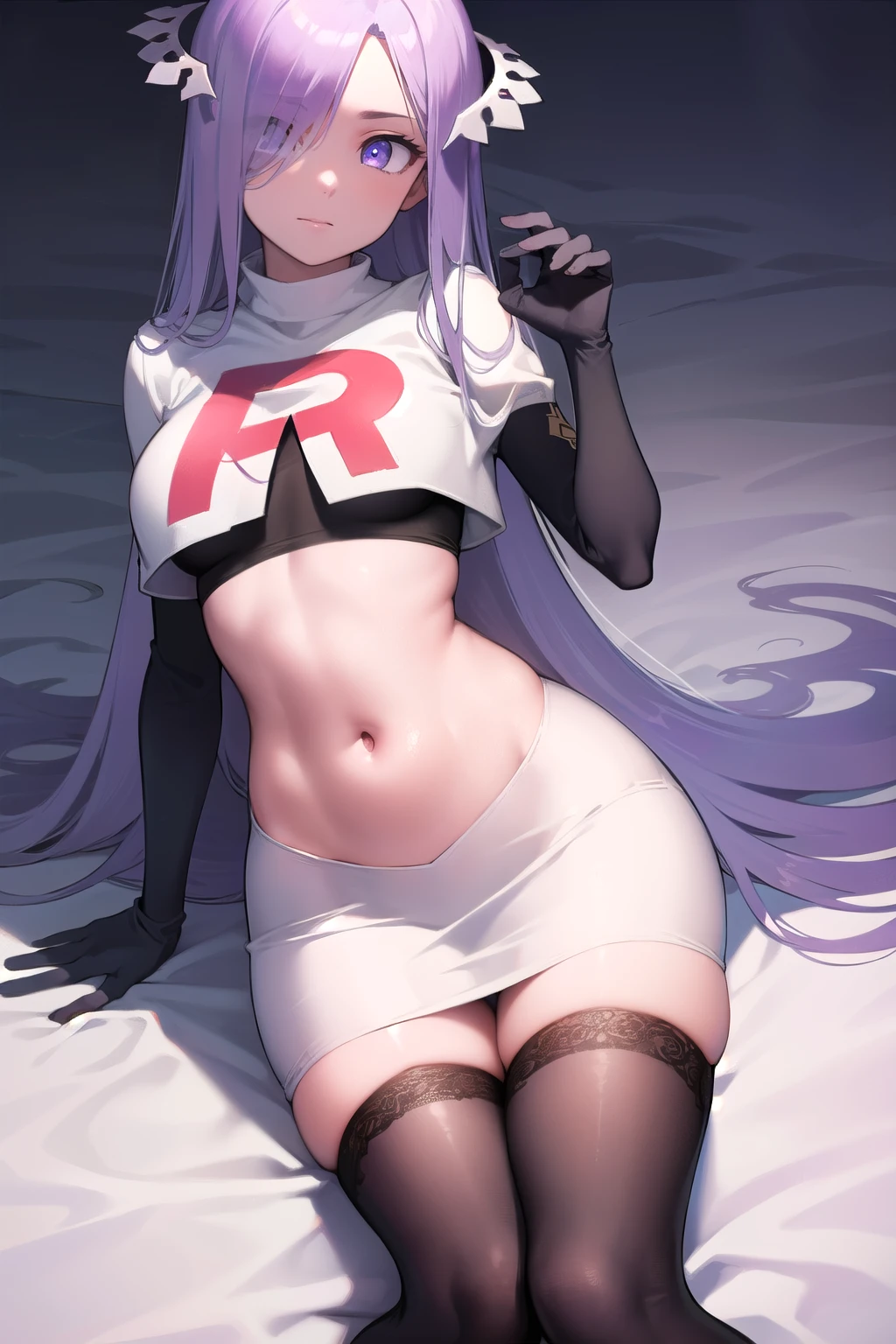 quinella, quinella, absurdly long hair, (purple eyes:1.1), long hair, parted bangs, purple hair, very long hair, hair ornament,
BREAK team rocket,team rocket uniform,white skirt,red letter R,crop top,black thigh-highs,black elbow gloves,
BREAK looking at viewer, cowboy shot,
BREAK (masterpiece:1.2), best quality, high resolution, unity 8k wallpaper, (illustration:0.8), (beautiful detailed eyes:1.6), extremely detailed face, perfect lighting, extremely detailed CG, (perfect hands, perfect anatomy),