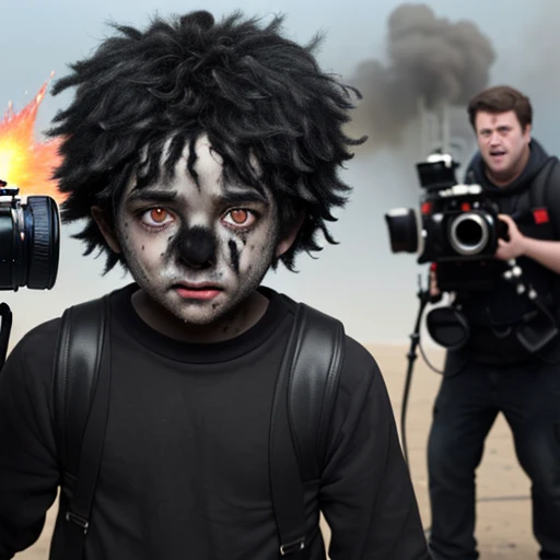 Filming of a comedy movie about a boy covered in soot caught in an explosion