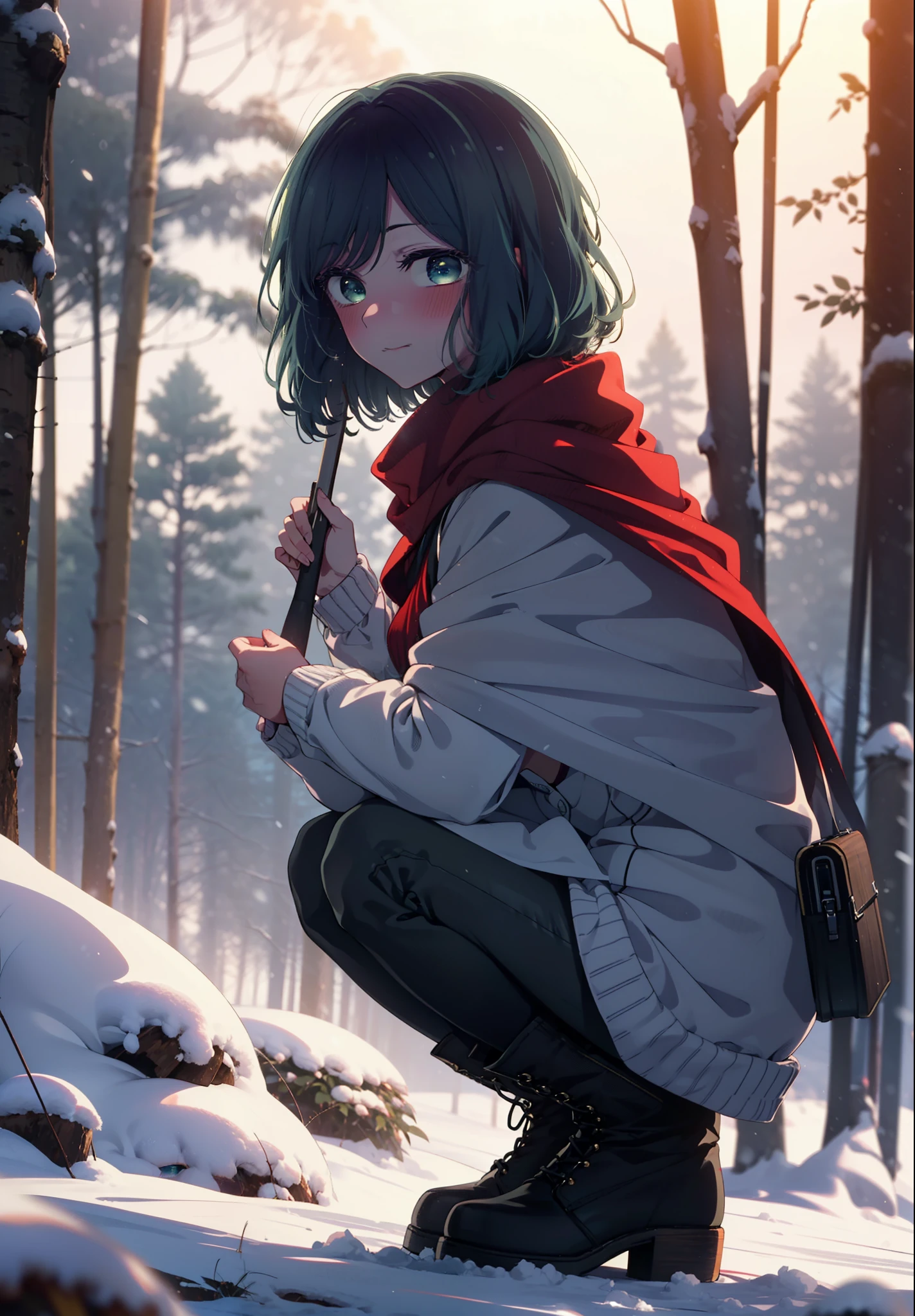 akanekurokawa, akane kurokawa, bangs, (Green Eyes:1.3), Blue Hair, Medium Hair, dark Blue Hair,smile,blush,White Breath,
Open your mouth,snow,Ground bonfire, Outdoor, boots, snowing, From the side, wood, suitcase, Cape, Blurred, , forest, White handbag, nature, Squat, Mouth closed, Cape, winter, Written boundary depth, Black shoes, red Cape break looking at viewer, Upper Body, whole body, break Outdoor, forest, nature, break (masterpiece:1.2), highest quality, High resolution, unity 8k wallpaper, (shape:0.8), (Beautiful and beautiful eyes:1.6), Highly detailed face, Perfect lighting, Extremely detailed CG, (Perfect hands, Perfect Anatomy),