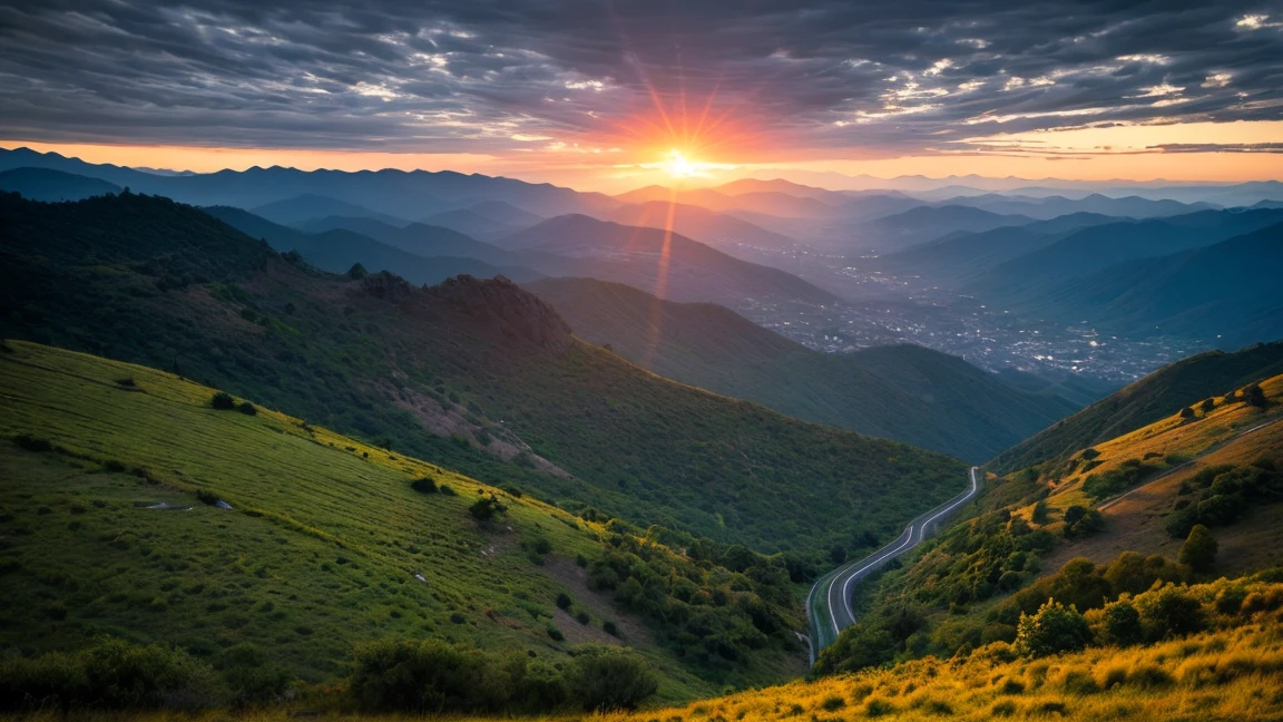 (((masterpiece))), (((best quality))), Generate a visually captivating photography scene featuring a beautiful view of the countryside with towering mountain ranges silhouetted against a dramatic sunset sky, showcasing spectacular colors blending harmoniously. Capture the enchanting natural scenery with vast stretches of majestic mountains as the faint sunlight on the horizon enhances the magical atmosphere in the countryside.