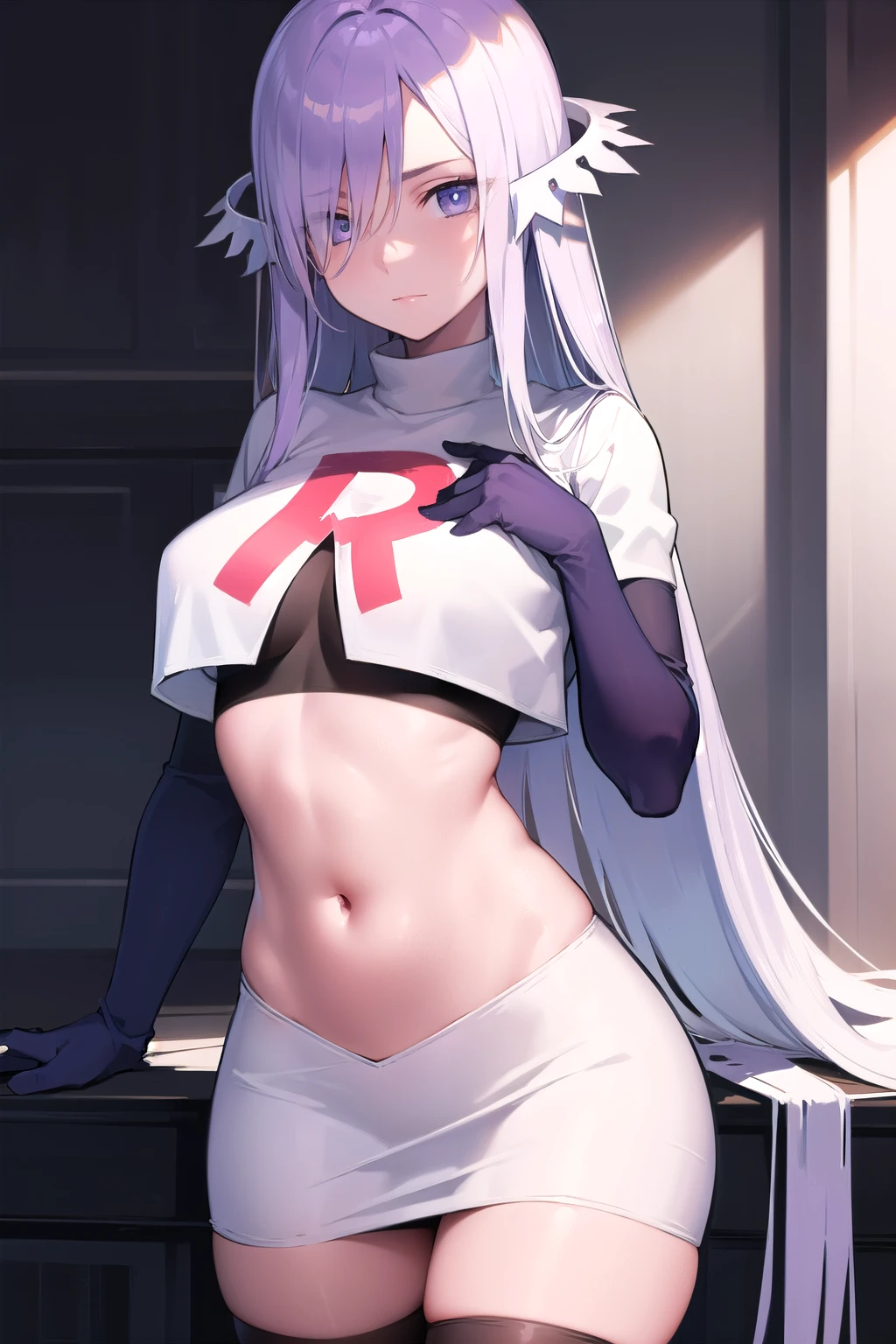 quinella, quinella, absurdly long hair, (purple eyes:1.1), long hair, parted bangs, purple hair, very long hair, hair ornament,
BREAK team rocket,team rocket uniform,white skirt,red letter R,crop top,black thigh-highs,black elbow gloves,
BREAK looking at viewer, cowboy shot,
BREAK (masterpiece:1.2), best quality, high resolution, unity 8k wallpaper, (illustration:0.8), (beautiful detailed eyes:1.6), extremely detailed face, perfect lighting, extremely detailed CG, (perfect hands, perfect anatomy),