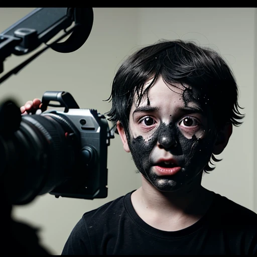 Filming of a comedy movie about a boy covered in soot caught in an explosion