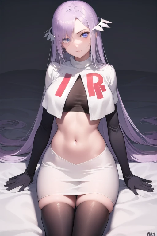 quinella, quinella, absurdly long hair, (purple eyes:1.1), long hair, parted bangs, purple hair, very long hair, hair ornament,
BREAK team rocket,team rocket uniform,white skirt,red letter R,crop top,black thigh-highs,black elbow gloves,
BREAK looking at viewer, cowboy shot,
BREAK (masterpiece:1.2), best quality, high resolution, unity 8k wallpaper, (illustration:0.8), (beautiful detailed eyes:1.6), extremely detailed face, perfect lighting, extremely detailed CG, (perfect hands, perfect ???????),