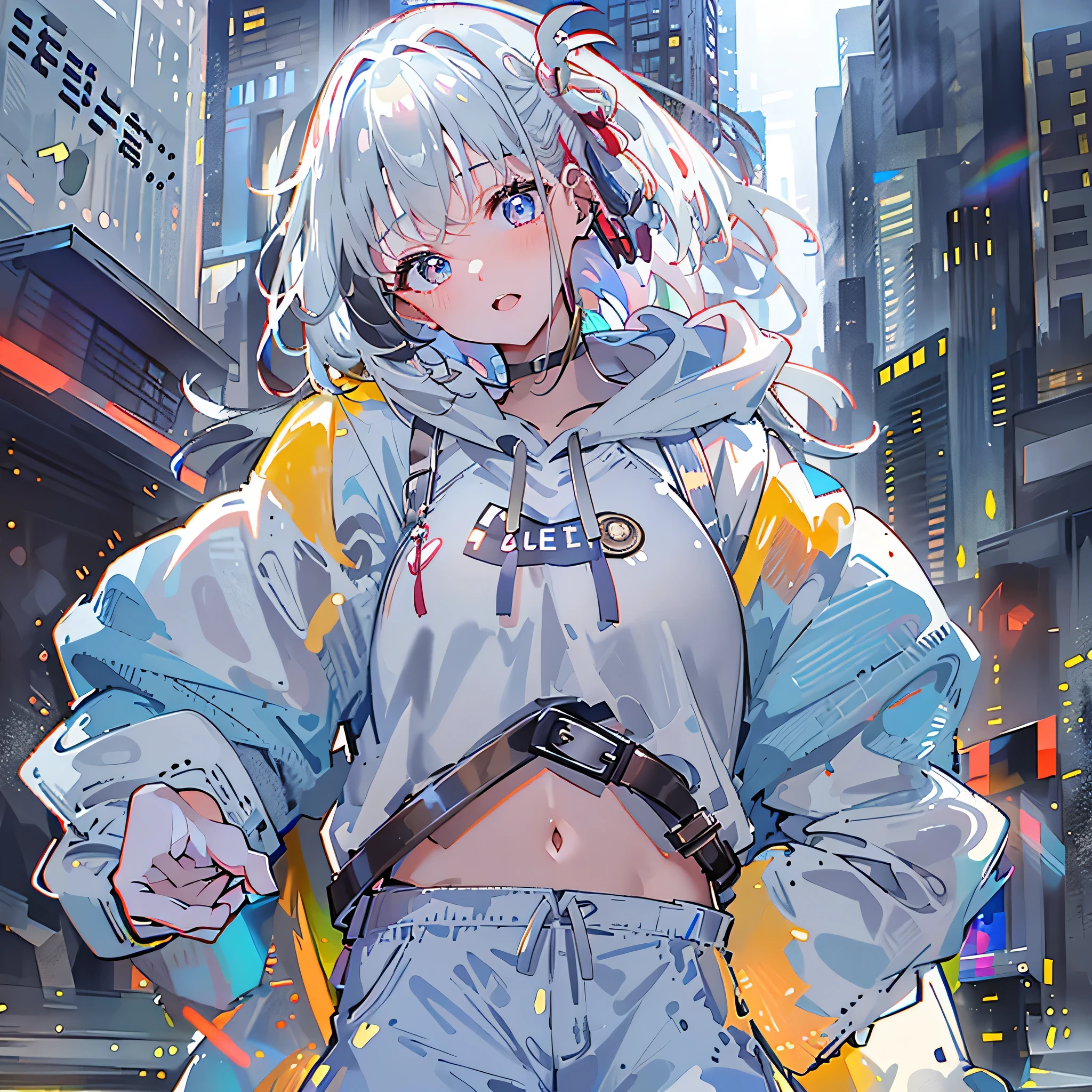 8K resolution、((top-quality))、((masterwork))、((ultra-detailliert))、1 woman、solo、incredibly absurdness、Oversized Hoodies、white earphone、street、plein air、Sateen、neons、Shortcut Hair、blue and silver Hair Brightly colored eyes、Hands in pockets、shortpants、really cute